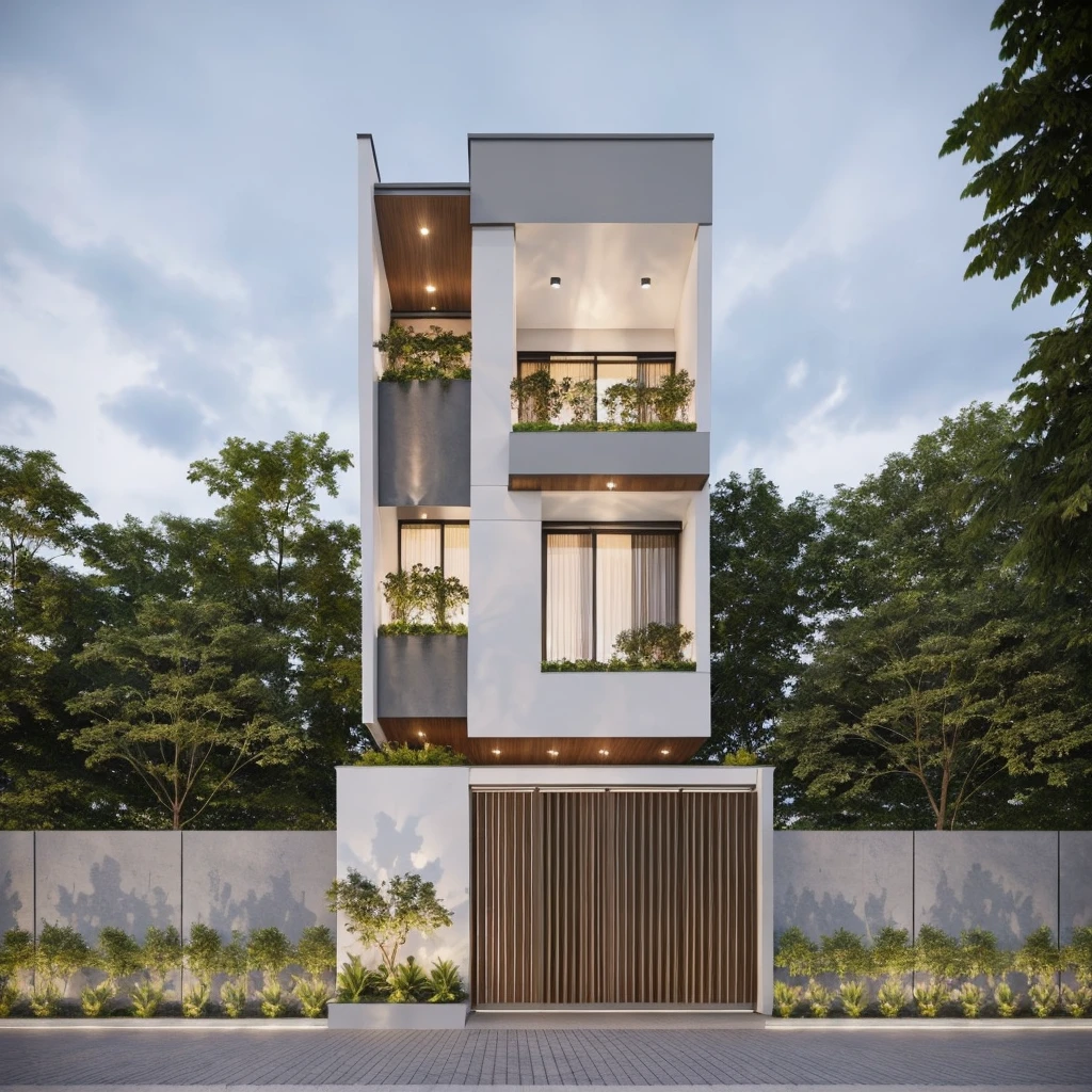 1 morden architect, main material by grey wall and wood, 1large yard, 1 road runs in front of the house,  (RAW photo, real, best quality, masterpiece:1.2), look morden minimalist, 1 road in front of the house, dynamic lighting:1.3, (hyper realistic, photo-realistic:1.2), high quality, (dark lighting:1.2), perfect lighting, archdaily, no human