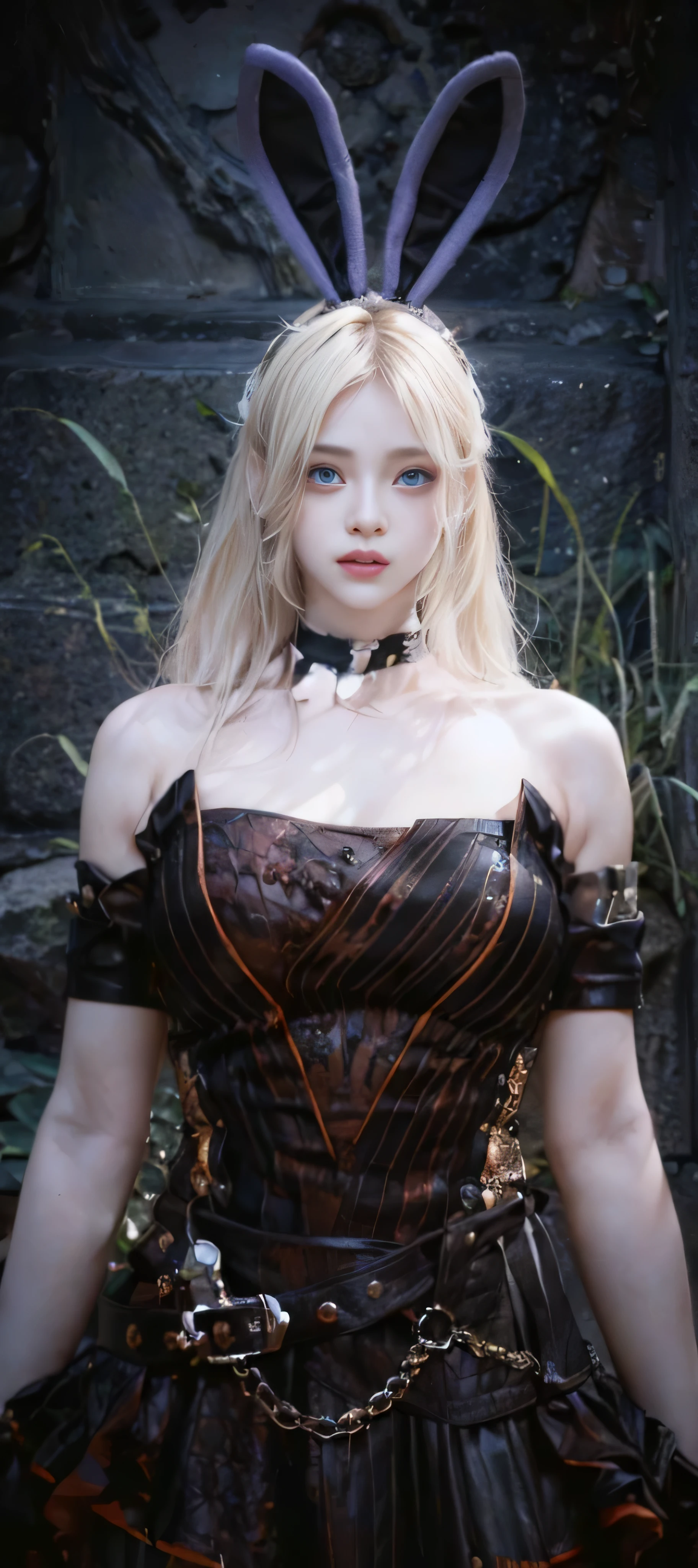 (female:1.2), 8k, ultra hd, ultra detailed texture, hyper realistic, masterpiece, detailed texture, detailed face, detailed skin, detailed lighting, (photorealistic:1.5), best quality, beautiful lighting, cinematic lighting, professional lighting, ultra highres, realistic, detailed hair, real hair, high quality, (realskin:1.5), extremely detailed, finely detail, ultra-detailed, 1girl, solo, goddes, (beautiful eyes:1.5), red lips, parted lips, nose, white skin, pretty, beautiful, details blonde hair, bunny earsband