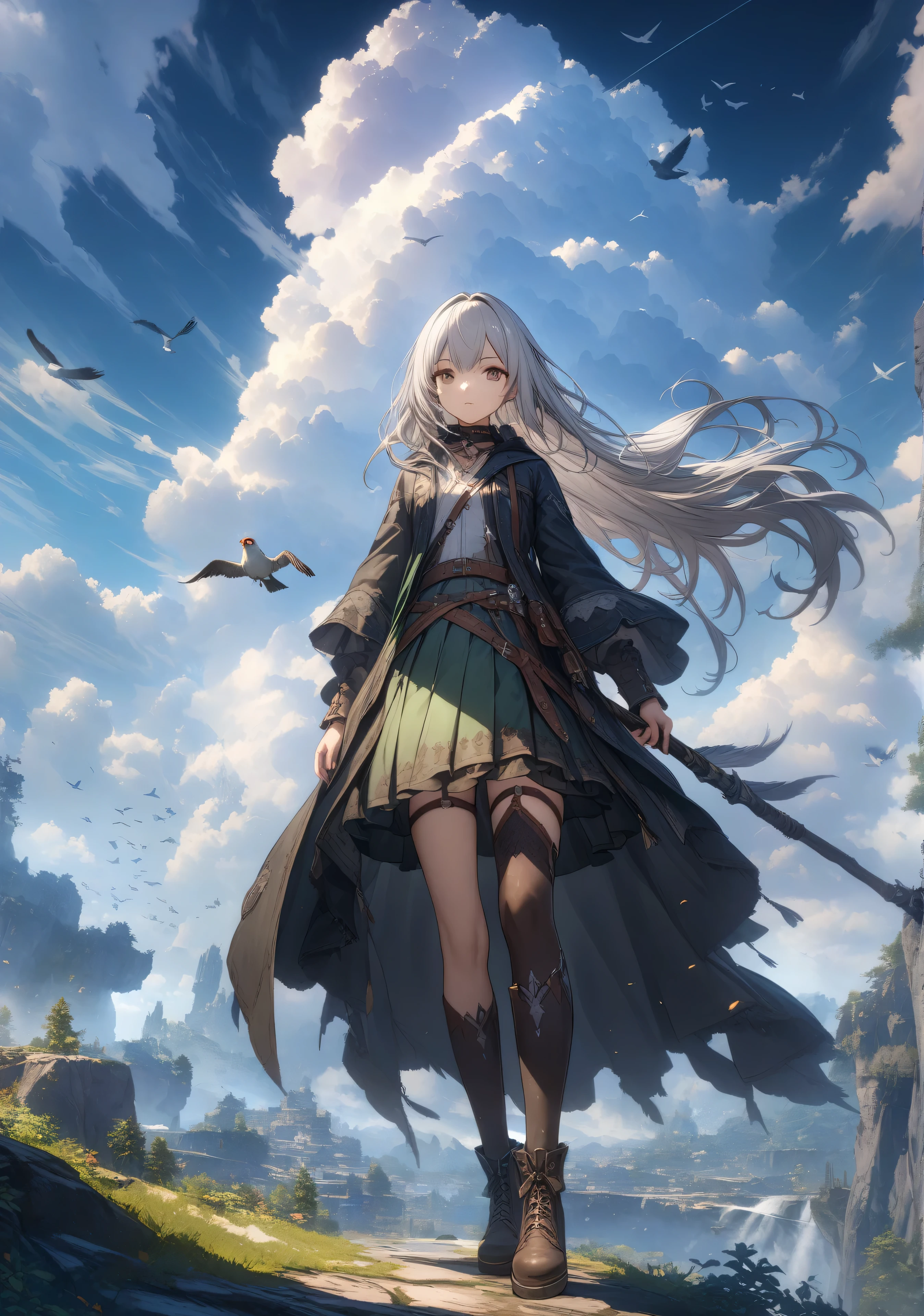 32k, best quality, ultra high res, HDR, UHD, extremely detailed CG, unity 32k wallpaper, highest quality, Very detailed, masterpiece, Super detailed, cloud, witch_Have, Have, 1 Girl, null, green_null,Day, length_hair, cloudy_null, moon,bird, alone, Silver_hair, witch, Outdoor,