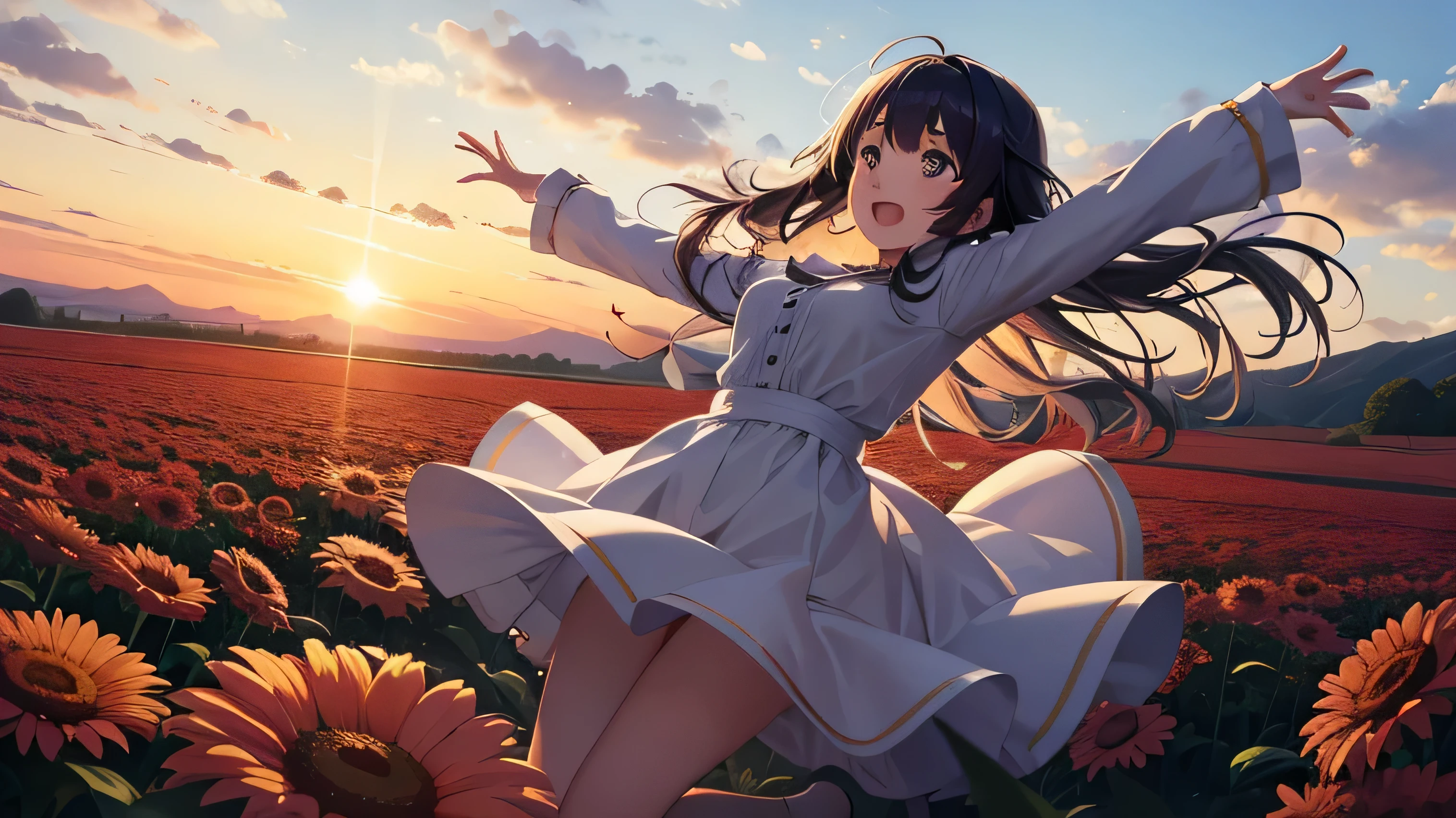 Fun anime girl in the middle of a very big flower garden, While watching the sun set on the horizon、Jump with your hands raised above your head. Her back is facing the camera. Because the sky above is bluish、It's evening. Distant shots. 2D.