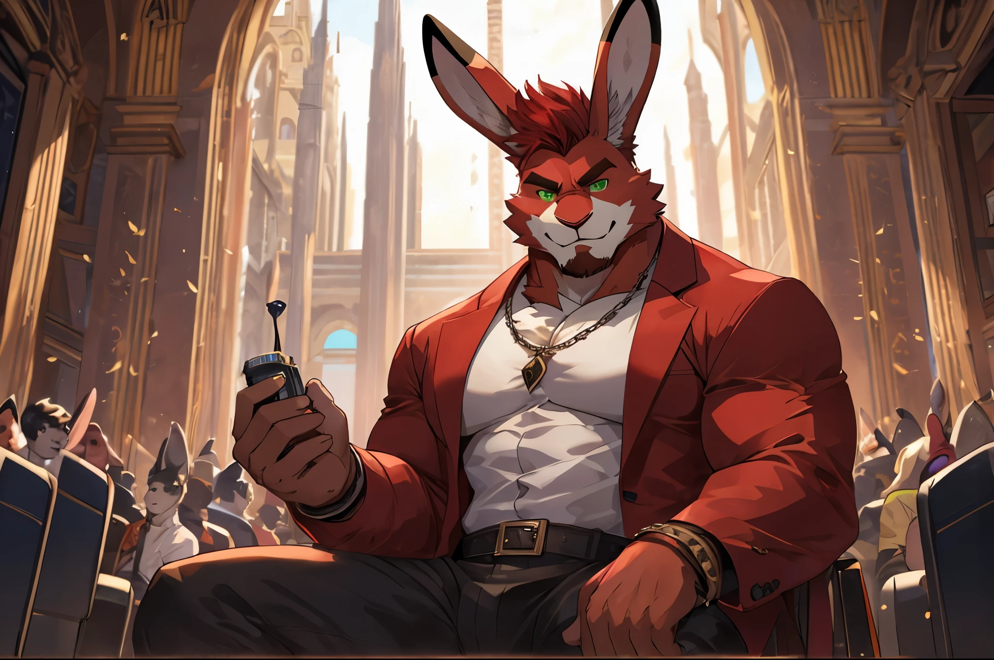 perfect face, bara furry, rabbit man, big body, cardinal skin, short quiff red hair, green eyes, perfect eyes, big rabbit ears, handsome, in the cinema