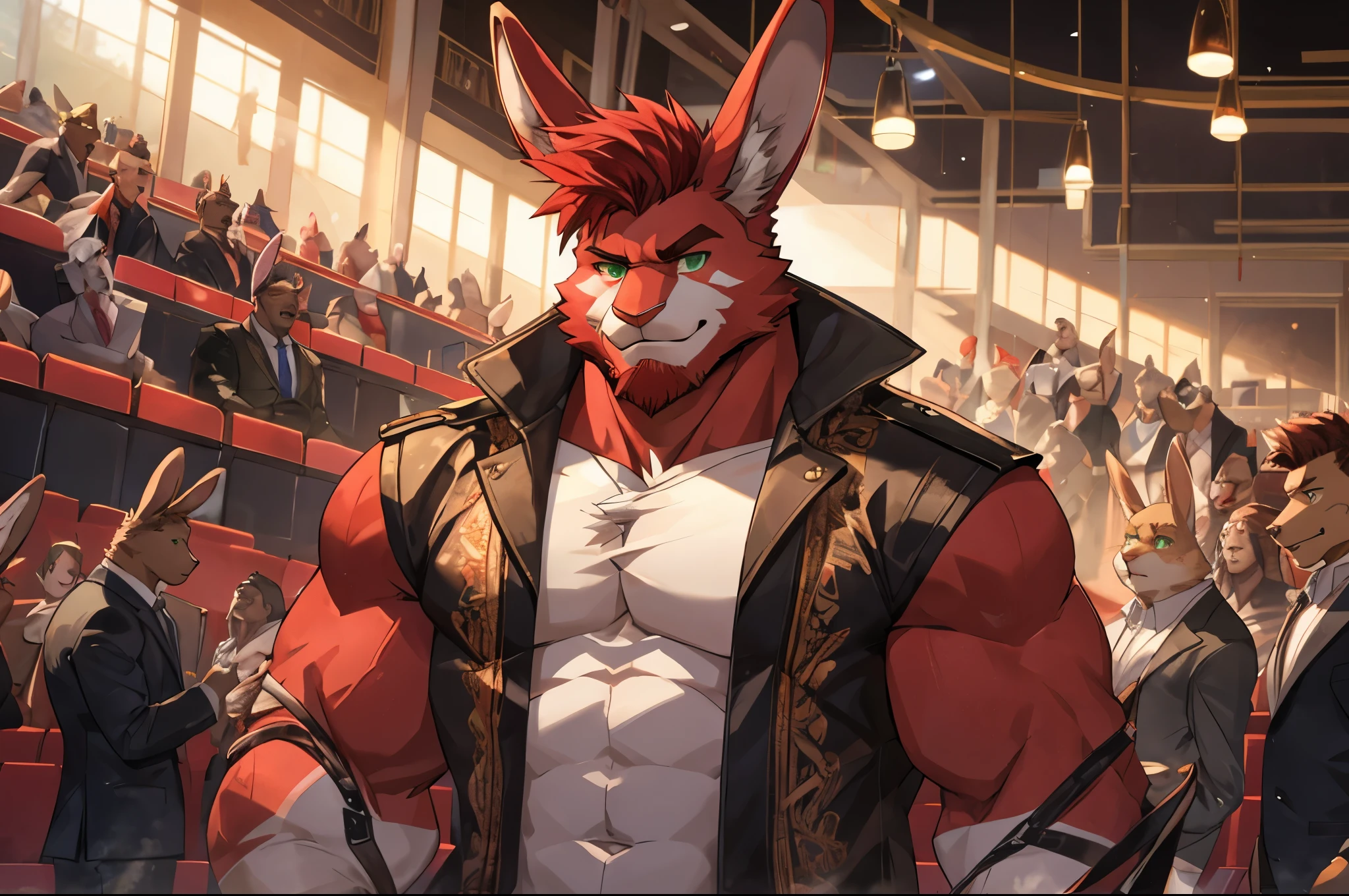 perfect face, bara furry, rabbit man, big body, cardinal skin, short quiff red hair, green eyes, perfect eyes, big rabbit ears, handsome, in the cinema