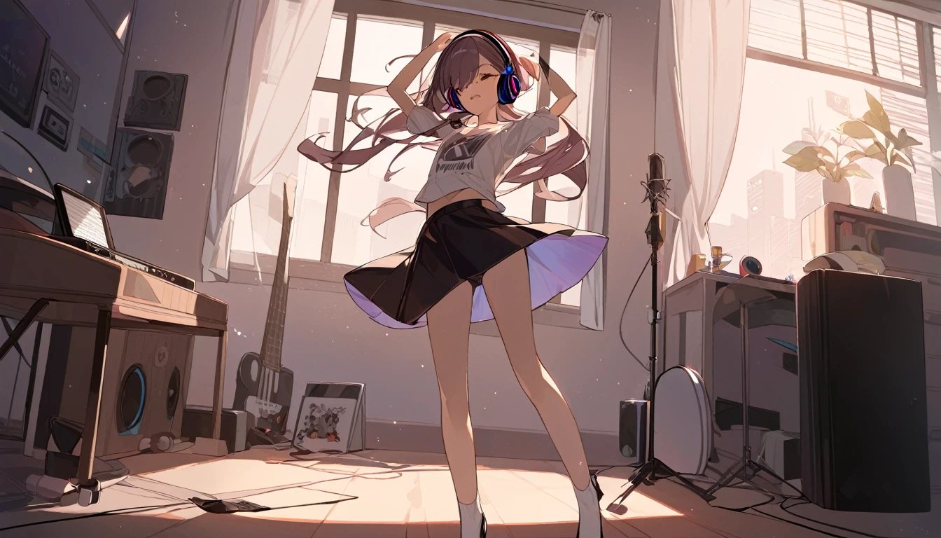 A girl dancing solo with headphones on in her room - "Solo jam session",chat ear、Dancing Girl