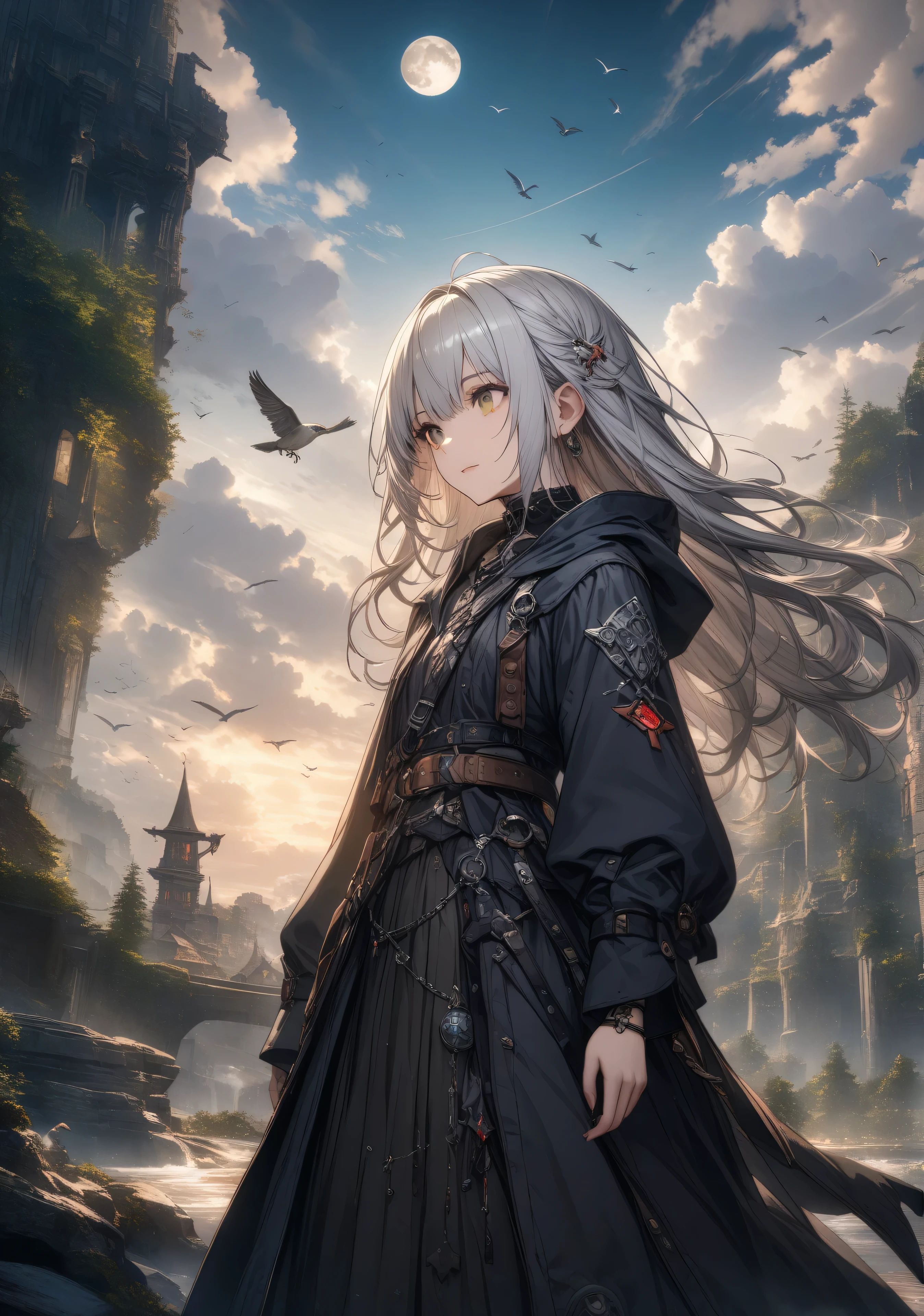 32k, best quality, ultra high res, HDR, UHD, extremely detailed CG, unity 32k wallpaper, highest quality, Very detailed, masterpiece, Super detailed, cloud, witch_Have, Have, 1 Girl, null, green_null,Day, length_hair, cloudy_null, moon,bird, alone, Silver_hair, witch, Outdoor,