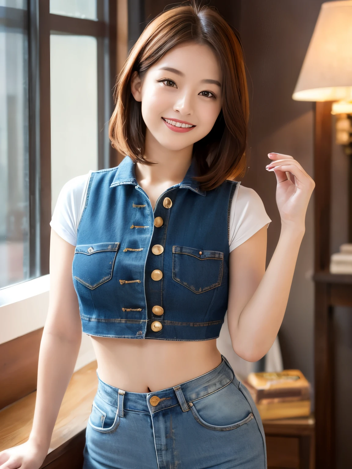 (sfw:1.5)、1 female、masterpiece, RAW Photos, highest quality, reality、Depth of written boundary, Lens flare, (Low cut and tight )、(ultra short distance,Denim hot pants)),((Telegraph slang)),((Long legs)), (Thigh Gap:1.5),Small waist、(Wide Hips),(Big Ass),pretty girl, Idol,(Big smile:1.3),Small waist、(Big Ass:1.6),(White crop top:1.5)、Brightly colored vest, short hair, Redhead, reality的, photo shoot,(Exquisite detail), Very detailed, High resolution, original, highest quality, Detailed face, (Very beautiful face, Beautiful Lips, Beautiful Eyes), A face with intricate details, (Plump red lips),(Thigh Gap:1.5),Small waist、(Wide Hips) 、short hair, Redhead,Open chest, Turn around, (((Buckshot)))