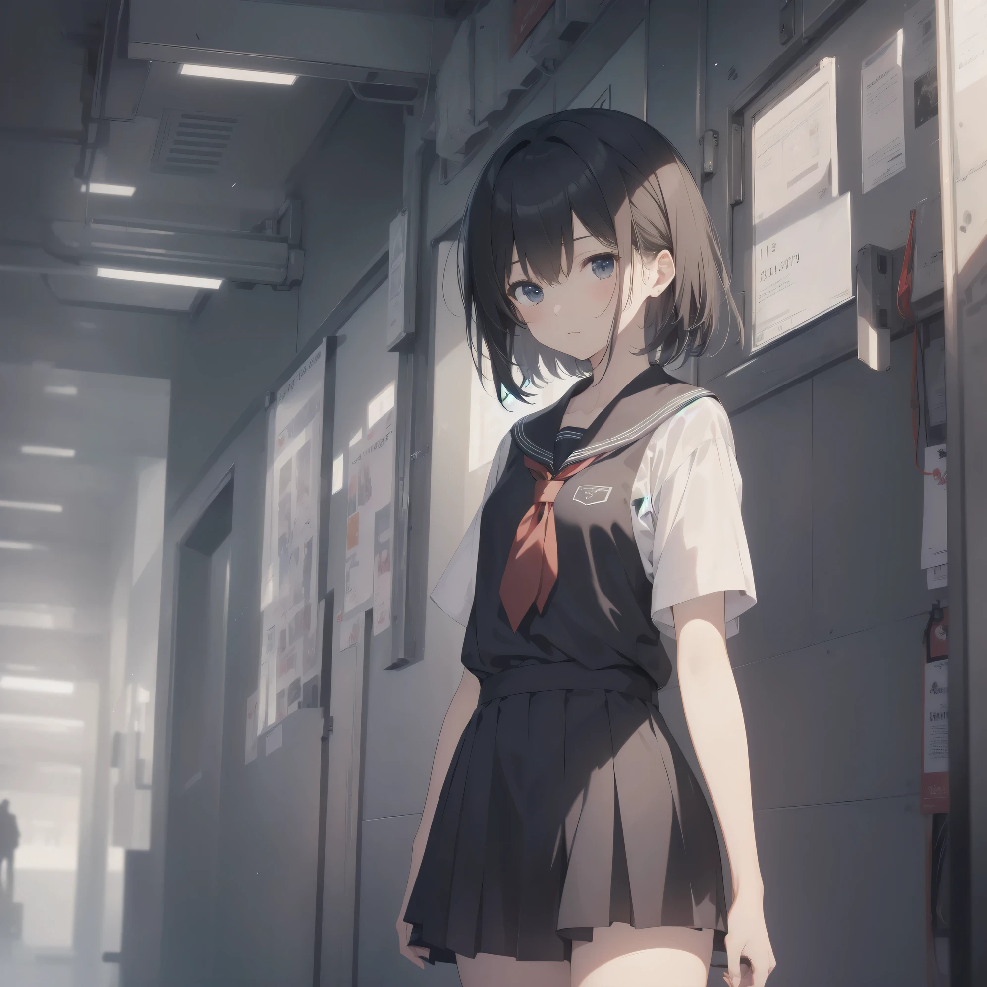 ultra-absurdres-Top quality by artist God, ultra-detailed, high resolution, anime moe artstyle, best anime 8k konachan wallpaper, pixiv contest winner,pool:2810, perfect anatomy,break, 1girl, (Please draw a girl walking sleepily to school alone. )break,(Solo,little female, 13-year-old:1.3),Full limbs, complete fingers,a junior high school student, (very short hair), short cut, flat chest, , small butt, small black eyes, beautiful detailed eyes, well-proportioned iris and pupils, expressive eyes, highres detailed hair, soft expression, school_uniform, official_alternate_costume, neckerchief, collared shirt. pleated skirt,(Detailed Lighting), (Detailed background), in the School commute route. break,super detailed skin, Best cinematic lighting powered by famous artist, 8k,beauty illustration,photoshop_(medium),very aesthetic,break,((artist:hisahiko )), artist:bolze ,artist:oyari_ashito ,artist:kantoku ,