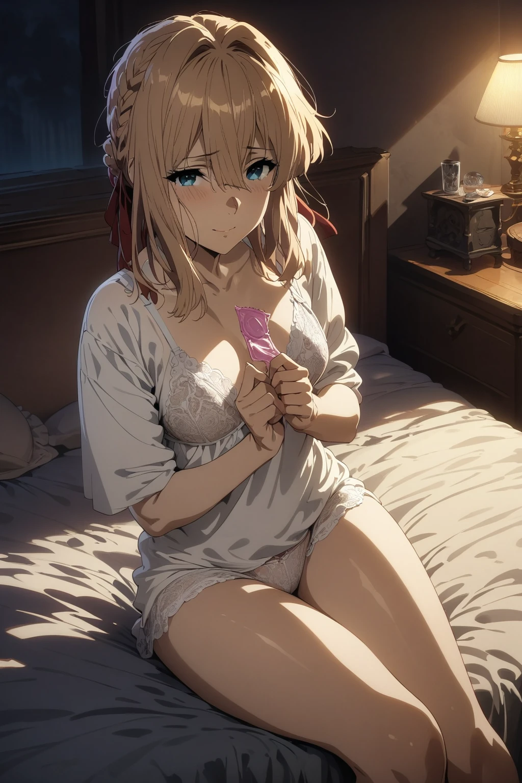 (masterpiece),(best quality),(ultra-detailed),(best illustration),(best shadow),(absurdres),(detailed background),(very aesthetic),1girl,aave, braid, hair ribbon, red ribbon, jewelry,sitting on bed,(vulgarity:1.5),shy smile,looking at viewer,shiny skin,at night,lingerie,hands holding 1condom,