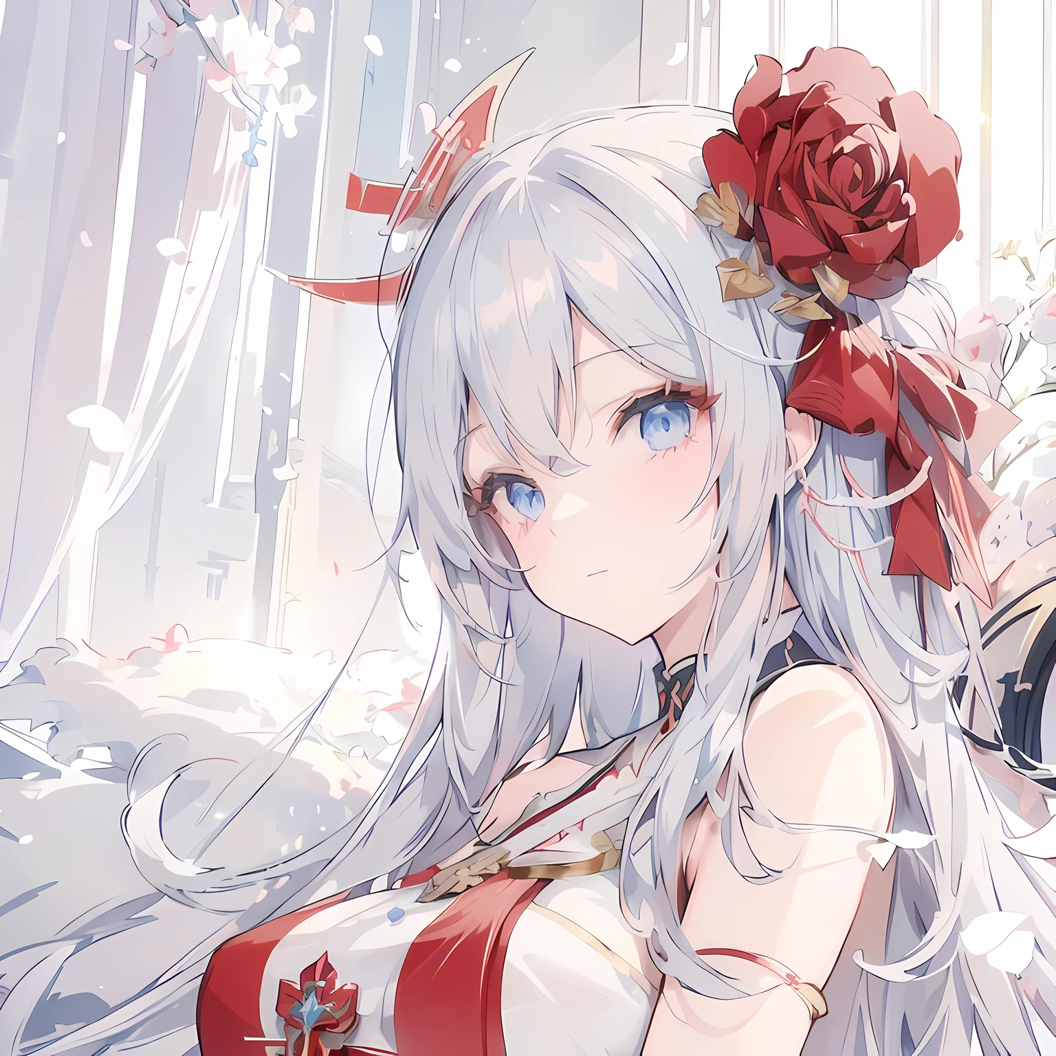 anime girl with long gray hair and blue eyes holding a rose, white haired deity, cushart krenz key art feminine, characters from azur lane, from the azur lane videogame, anime goddess, edelgard fire emblem, azur lane style, onmyoji portrait, ayaka genshin impact, detailed key anime art, cute anime waifu in a nice dress