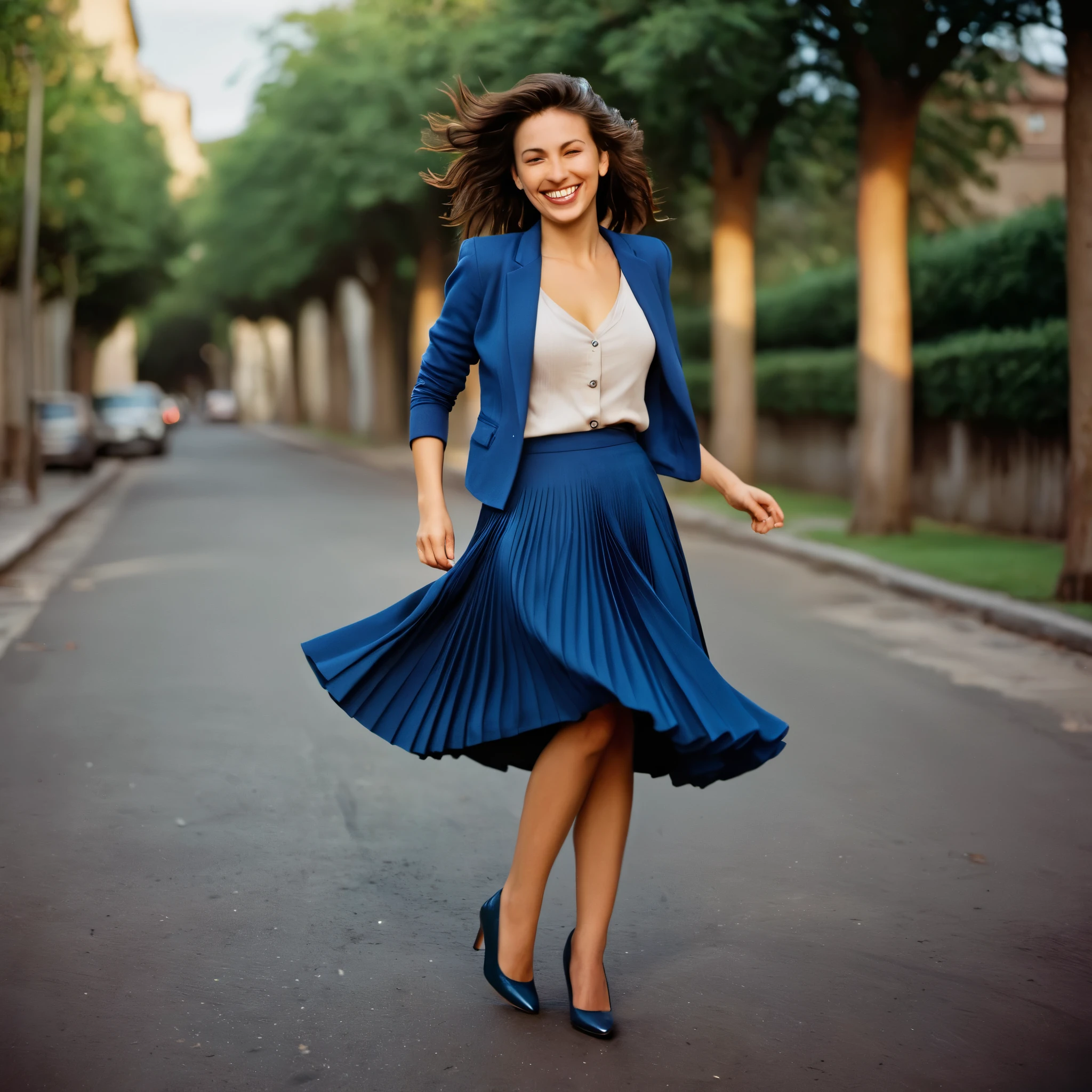 A smiling, authentic, (shy:1,3), kind, beautiful woman, is passionately in love with her skirt, dancing while wind lifts her skirt, wearing short blazer and very, very detailed (long (fully pleated) full circle skirt) and (low heeled court shoes), very, very intricate hyper-detailed symmetric (attractive graceful young feminine face) with (sad, tired eyes and a loving smile), very voluptuous breasts, full of empathy and compassion and love, (pronounced (feminine) features), (highly detailed ultra accurate realistic) hands and fingers, (windy), epic composition, highly detailed attributes, (35mm f1.4 Kodak portra 400 photograph), extremely high quality RAW photograph, highly detailed atmosphere, cinematic shot, dynamic lighting, 75mm, Technicolor, Panavision, cinemascope, sharp focus, fine details, 8k, HDR, realism, realistic, key visual, film still, superb cinematic color grading, depth of field