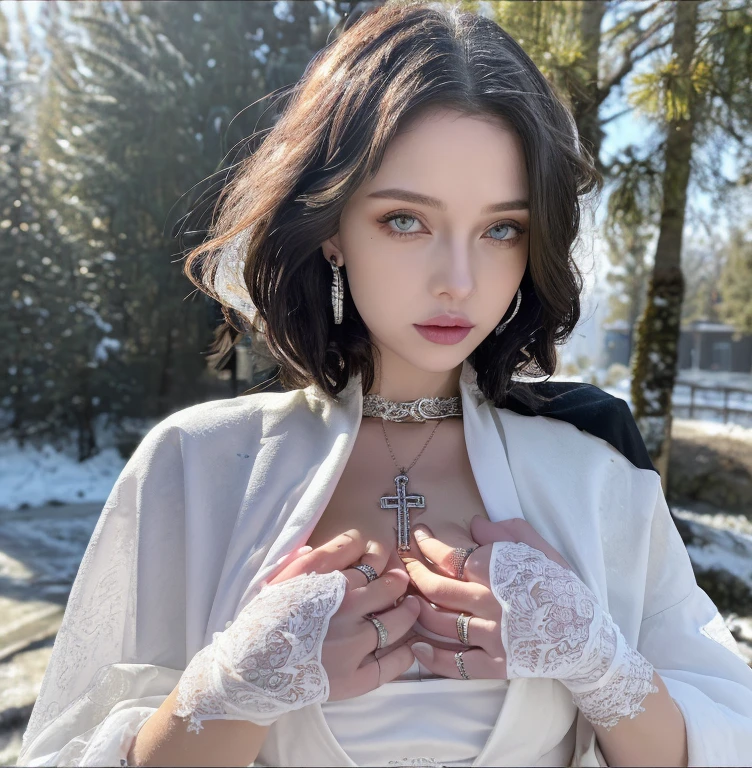 1 miniature Beautiful beautiful woman - Yuan Sayuki, ((top quality, 8K, Masterpiece:1.retty woman, 1 woman, huge breasts:1.3, a slim body:1.1, lush white short hair, (shower, wet body, wet clothes:1.1), very detailed face, detailed lips, detailed eyes, double eyelids, Detailed blue eyes, чрезвычайно Detailed Outstanding Blue Eyes, short white wet hair, white wet hair, Detailed Outstanding Blue Eyes, innocent look at the viewer, very wet wavy white hair, Detailed Outstanding Blue Eyes, huge cross earrings, Outdoors, badges behind, gothic maid uniform, sexy maid dress, bare chest, huge chest tattoo, detailed huge catholic cross earrings, chest tattoo, Outside - there are trees and a buddhist temple in the background (mountain vicinity), wear a silver cross (Detailed cross shape), reality mode, wet breasts, black necklace, human crowd behind, head/forehead chain veil, black latex gloves, hair of white snowy colour, night time, red neon lights, demonic nun, nimbus (golden lighting ring above her head), angel, snowy weather, Detailed buddhist temple behind, sexy pose, white lingerie