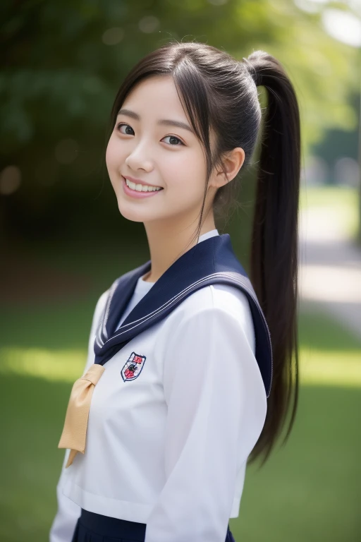 (masterpiece、16k image、high resolution、highest quality)、solo、One Girl、(Japanese Girls' High School Sailor Uniform,perfection)、(Japanese Girls' High School Blazer,perfection)、skirt、(perfectionな解剖学,Beautiful body、Healthy Body、Beautiful Skin)、sunny day、Black-haired、Short-haired、Long-haired、ponytail、black eye、On the way home、、Flat Chest、18-year-old、School zone、Artistic.、Beautiful woman、Beauty Body、smile、whole body、