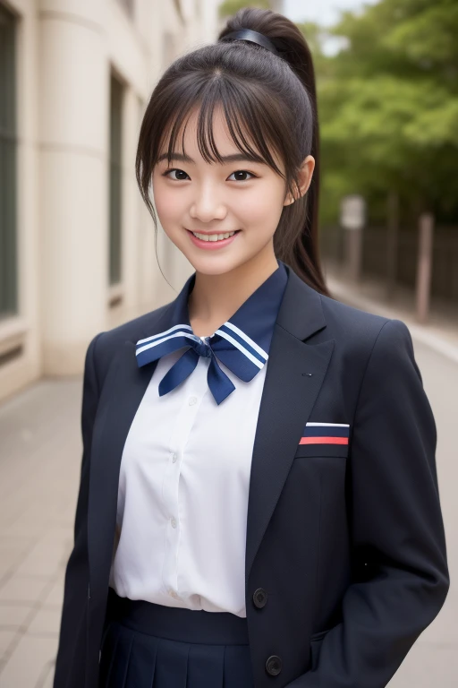 (masterpiece、16k image、high resolution、highest quality)、solo、One Girl、(Japanese Girls' High School Sailor Uniform,perfection)、(Japanese Girls' High School Blazer,perfection)、skirt、(perfectionな解剖学,Beautiful body、Healthy Body、Beautiful Skin)、sunny day、Black-haired、Short-haired、Long-haired、ponytail、black eye、On the way home、、Flat Chest、18-year-old、School zone、Artistic.、Beautiful woman、Beauty Body、smile、whole body、