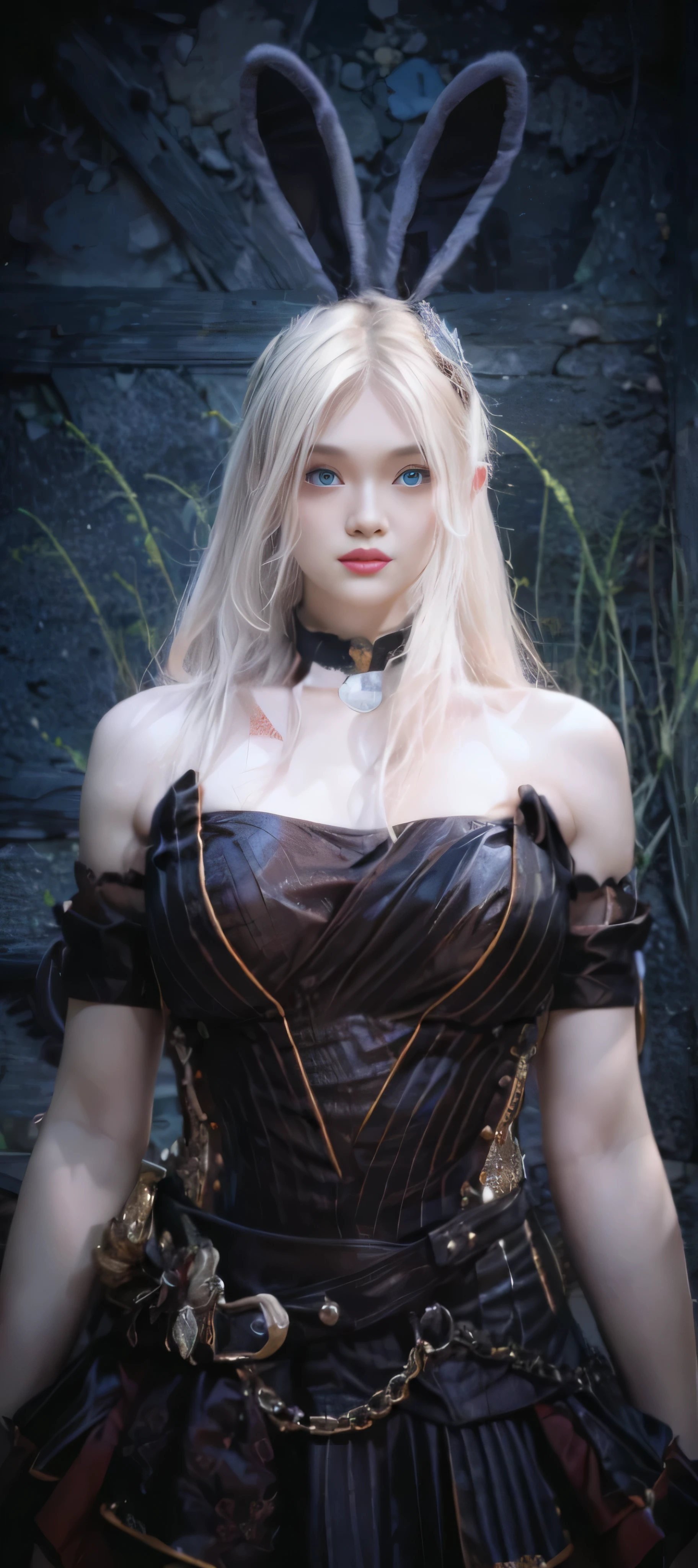 (female:1.2), 8k, ultra hd, ultra detailed texture, hyper realistic, masterpiece, detailed texture, detailed face, detailed skin, detailed lighting, (photorealistic:1.5), best quality, beautiful lighting, cinematic lighting, professional lighting, ultra highres, realistic, detailed hair, real hair, high quality, (realskin:1.5), extremely detailed, finely detail, ultra-detailed, 1girl, solo, goddes, (beautiful eyes:1.5), red lips, parted lips, nose, white skin, pretty, beautiful, details blonde hair, bunny earsband