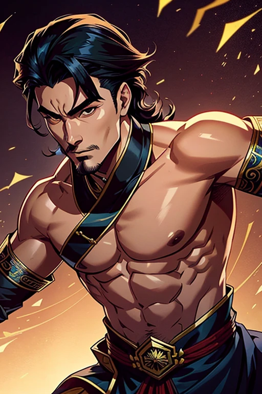 (high-quality, breathtaking),(expressive eyes, perfect face) Symmetrical Eyes, 1 Homem Adulto de idade 36 anos, strong male indigenous warrior he has an exaggerated long hair gray color eyes purple color, ele tem pinturas tribais no peito e no rosto, he has armor on his tibia, he has armor on his forearm, He wears tight-fitting pants made of green fabric, he has a long indigenous fabric thong, He's gesturing with his hands