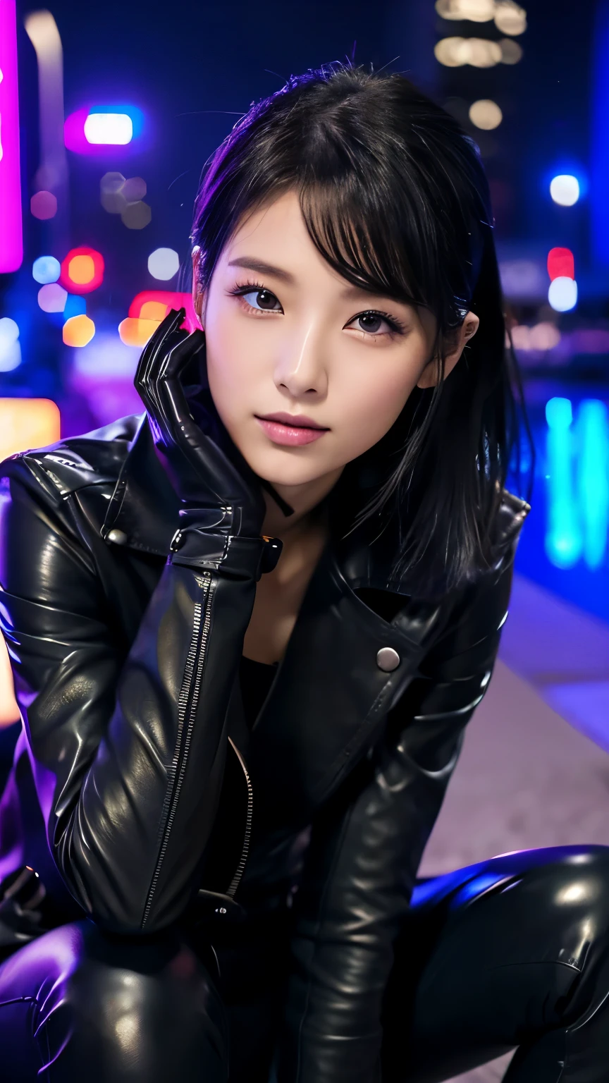black leather rider jacket, Office in the Dark, Black leather gloved fingertips on both hands,Wearing black leather gloves,Sitting in a black leather chair、 Japanese female new recruits (Black leather gloves cover both hands) (The angle is horizontal)、Black Leather Pants,Black Leather Black Leather Pants,Black Leather Skinny Pants、Long black leather boots on both feet、Black hair ponytail ((He wears black leather gloves on his hands))Full Body Photo,full body shot full body full body leather suit,☺If you turn in this direction。Wearing black leather gloves,Wearing black leather gloves,Wearing black leather gloves,Wearing black leather gloves,Wearing black leather gloves,Wearing black leather gloves,黒のレザーパンツが美しい😍黒のレザーパンツが美しい😍黒のレザーパンツが美しい,😍Smiling while looking at me,City lights、((Neon Cyberpunk City Street:1.3))、(Neon Light)、Detailed lighting、
Best image quality、Ultra-high resolution、(realism:1.4)、Korean Beauty Star、The most beautiful KPOP stars、face、Horny Korean Makeup、A body that makes you want to touch it、Realistic leather texture、Costume made of smooth leather fabric、The drape of the curved parts of the leather fabric、The costume has a strong shine、costume quality、8K Photo Quality