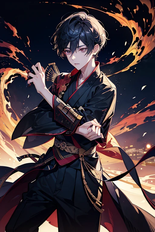 male、Beautiful boy、Beautiful Youth、Supple、Slender、Black yukata、Fiery sunset、storm、Lightning-fast Swordsmanship、Stillness and movement、Japanese sword、Faded blade、Sword Dance
