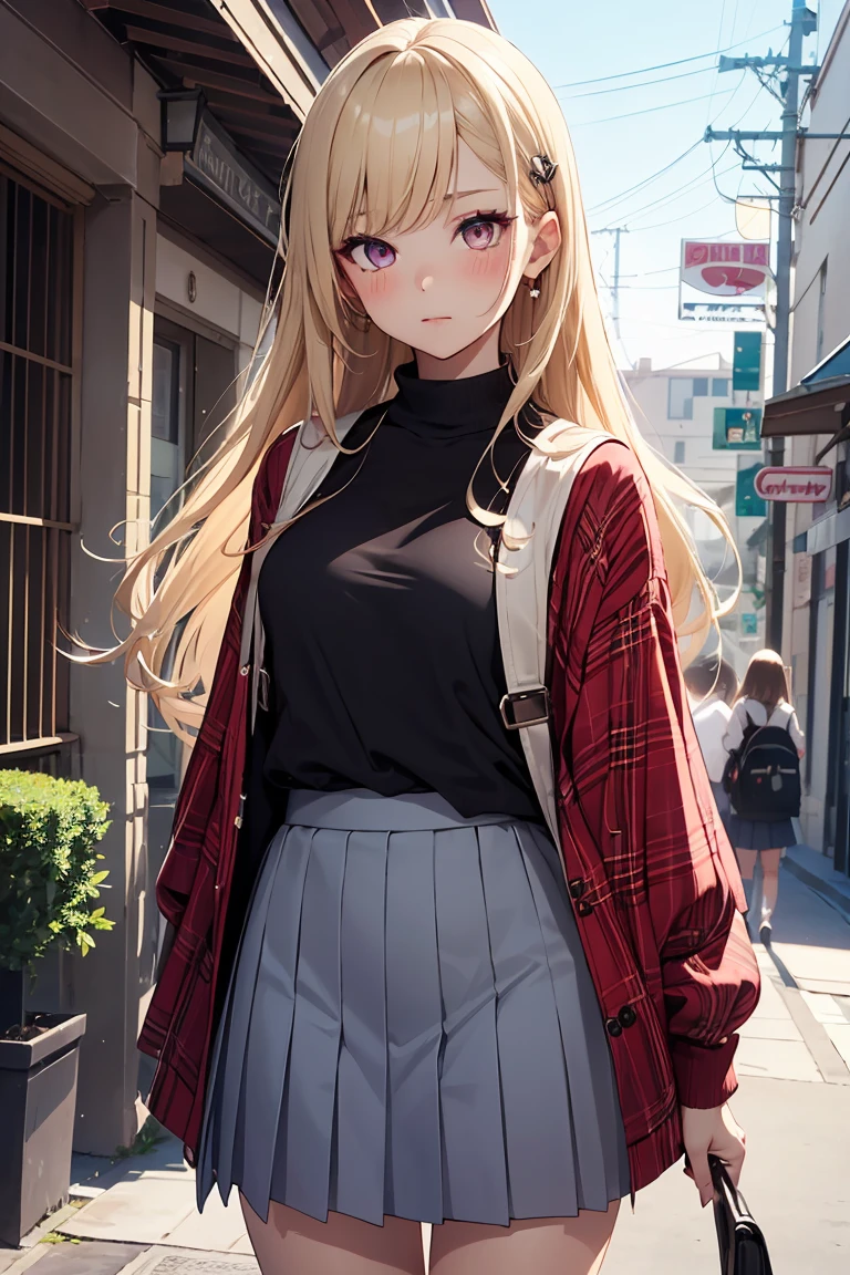 ((1 girl)), Have a smartphone, Latest Trends in Clothing, (hairpin in bangs), younger sister, Pleated skirt, rucksack, Panic look,background_School Area, Surprised face, かわいいyounger sister, Cowboy Shot,((Very detailed,highest quality, High resolution, 8k wallpaper, Beautiful clothes,)),((Blonde, Long Hair,Straight hair)), blush , (Crimson Eyes),eye shadow, eyeliner,Glow Eye, Very detailedな目, Beautiful Eyes, -yeld gi Accurate anatomy