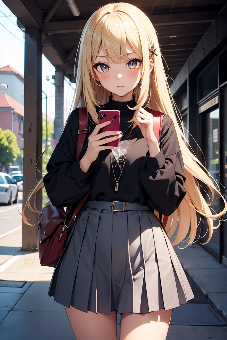 ((1 girl)), Have a smartphone, Latest Trends in Clothing, (hairpin in bangs), younger sister, Pleated skirt, rucksack, Panic look,background_School Area, Surprised face, かわいいyounger sister, Cowboy Shot,((Very detailed,highest quality, High resolution, 8k wallpaper, Beautiful clothes,)),((Blonde, Long Hair,Straight hair)), blush , (Crimson Eyes),eye shadow, eyeliner,Glow Eye, Very detailedな目, Beautiful Eyes, -yeld gi Accurate anatomy
