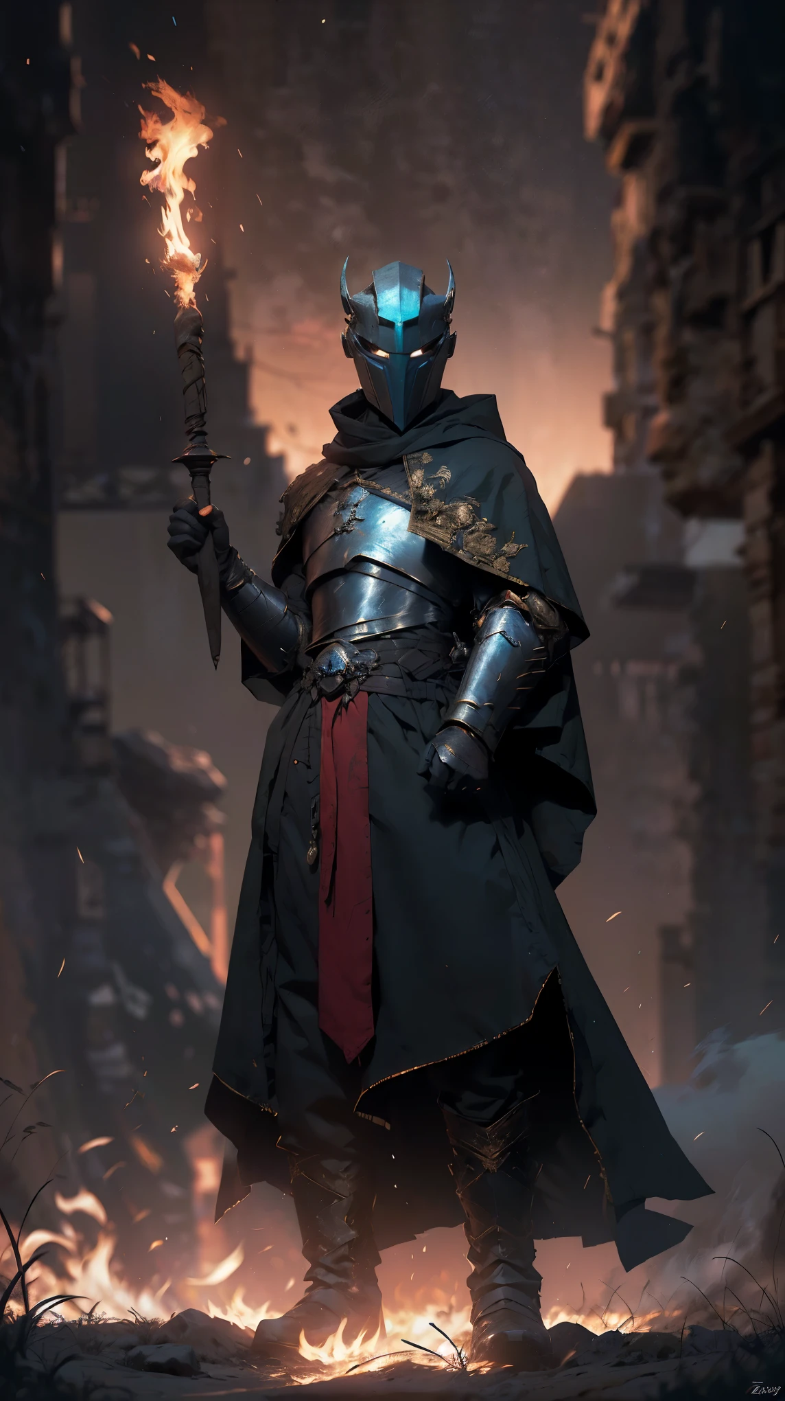 ((best quality)), ((masterpiece: 1.2)), (extremely detailed: 1.1), (8k, high quality, cinematic, hyper-realistic, illustration), (autodesk maya, octane render, unreal engine, game character , tracing ray, hdr), (16mm focal length, f/4 aperture, dynamic perspective, deep depth of field), (1 boy, dynamic angle, casting pose.fire knight, short hair that shines like plasma, steel weave clothing, lava gloves, heavy boots, underlying burning chest, desert tundra, crumbling stone sculptures around you), 3d, realistic, CG, 3D model, beautiful, elegant, safe (hdri, bloom, edge lighting , soft lighting, discreet). , zhongfenghua, badass\(armor\) mage robe, alo of blue flames, mage_glam, caftan
