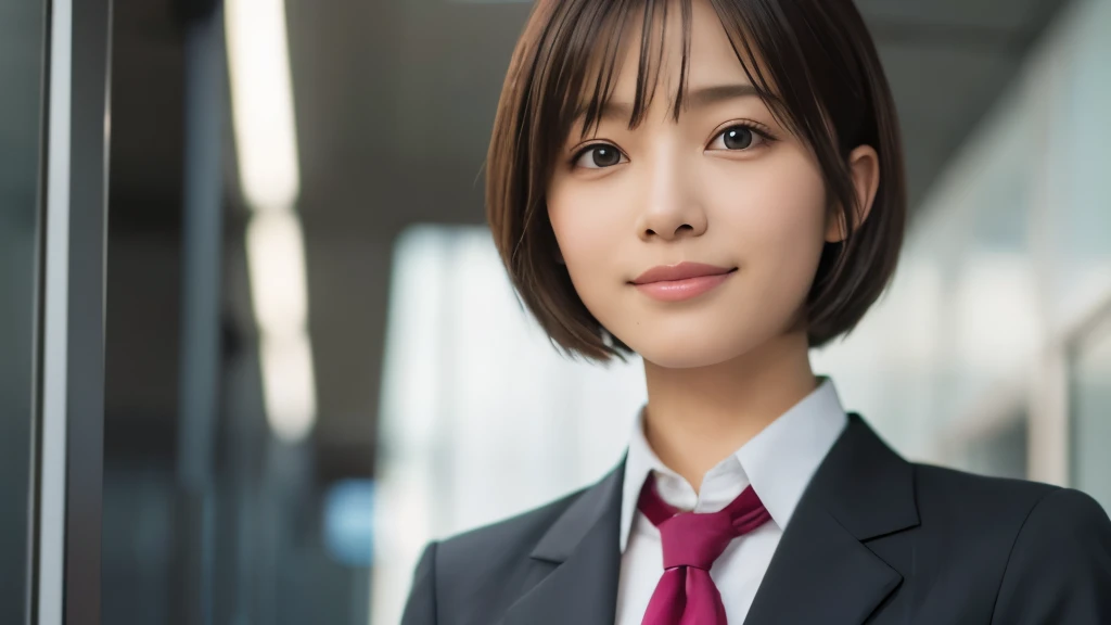 (Realistic: 1.4), (highest quality: 1.4), (Fine grain), Full body shot, ((office)), ((I'm working)), ((One young woman)), Black short bob hair, ((business suit)), Wide eyes, Blushed face, ((smile)), Highly detailed face and skin texture, Healthy Skin, 8k resolution