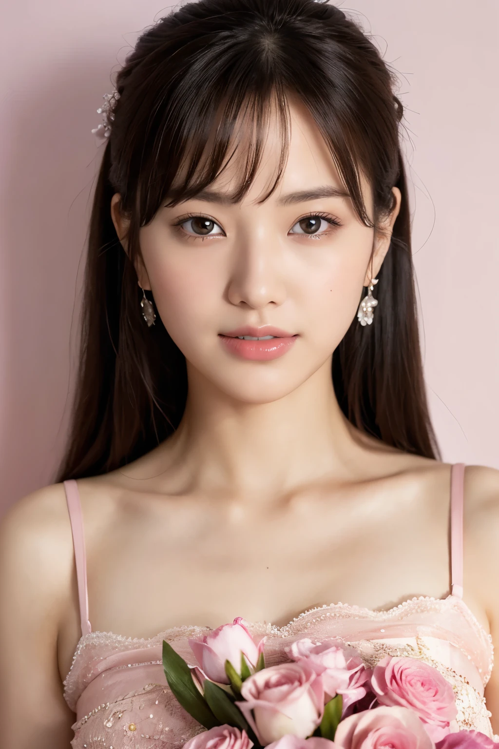 Medium View, Medium Shot, Written boundary depth, bust, Upper Body, Cinematic Angles, masterpiece, highest quality, Very detailed, cg, 8K Wallpaper, Beautiful Face, Delicate eyes, Otome, alone, smile, bangs, have,pink dot colored dresses, bow, petal, bouquet