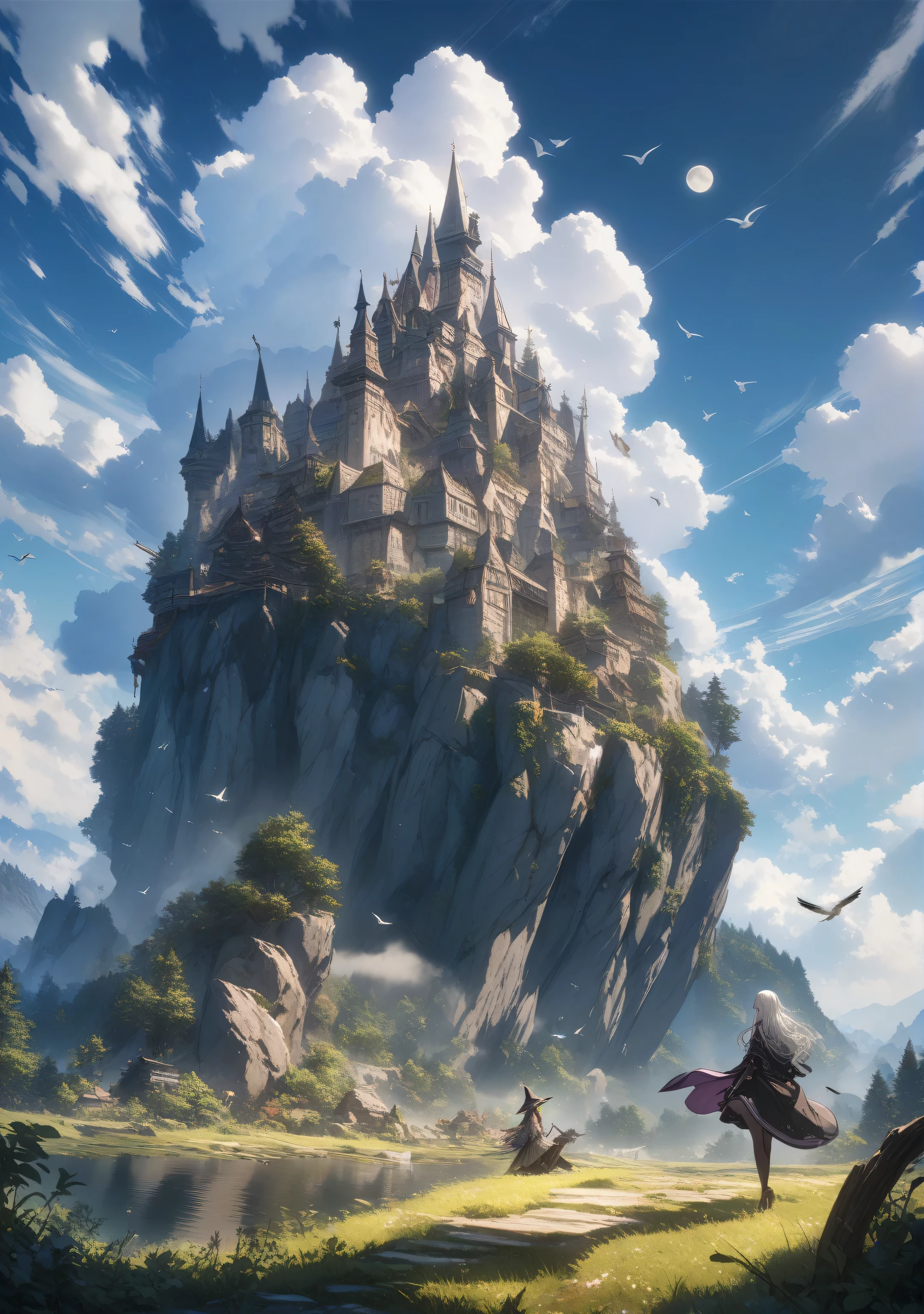 32k, best quality, ultra high res, HDR, UHD, extremely detailed CG, unity 32k wallpaper, highest quality, Very detailed, masterpiece, Super detailed, cloud, witch_Have, Have, 1 Girl, null, green_null,Day, length_hair, cloudy_null, moon,bird, alone, Silver_hair, witch, Outdoor,