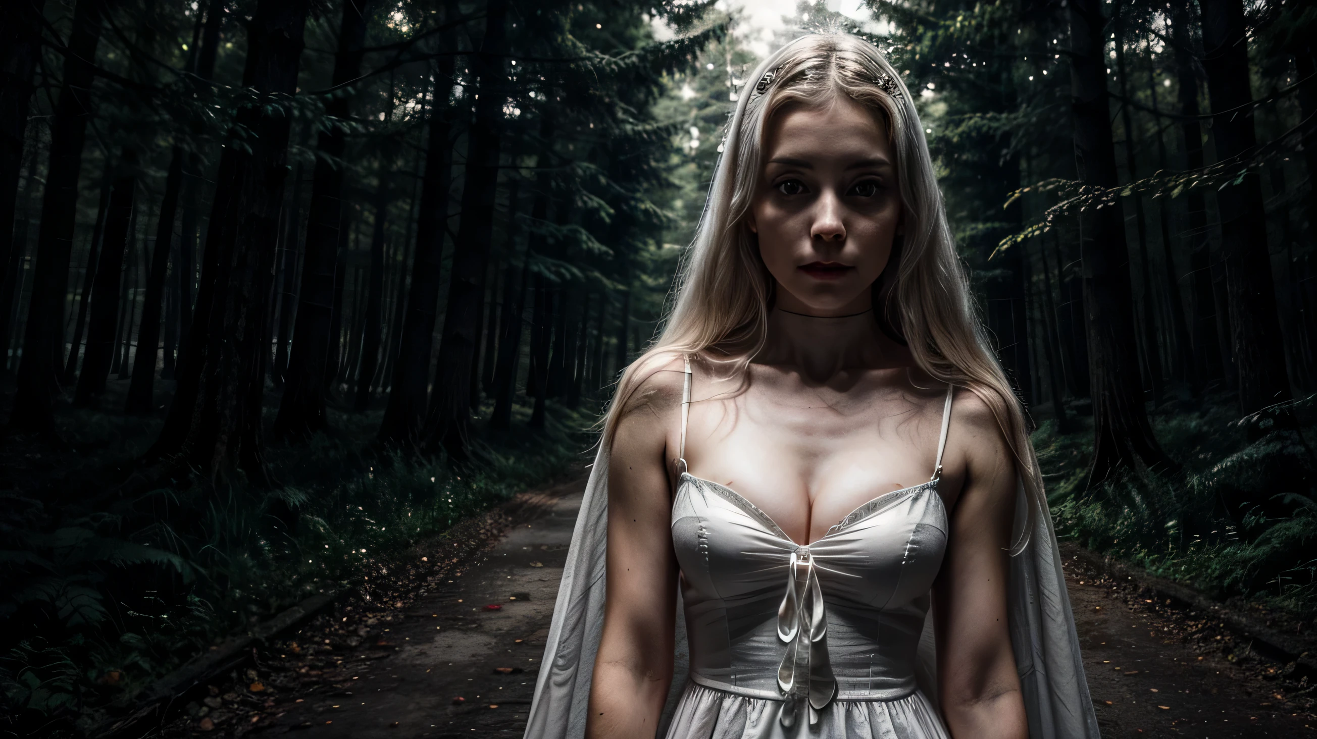 a creepy but beauty ghost young woman with white dress beauty body and distorced face in the middle of a derk and creepy forest at a very dark night