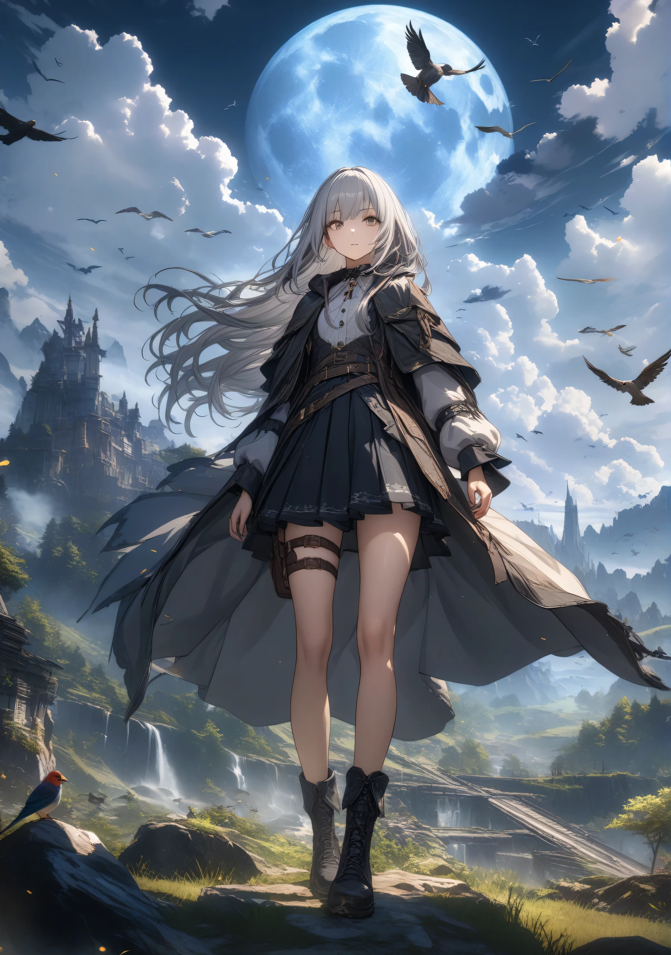32k, best quality, ultra high res, HDR, UHD, extremely detailed CG, unity 32k wallpaper, highest quality, Very detailed, masterpiece, Super detailed, cloud, witch_Have, Have, 1 Girl, null, green_null,Day, length_hair, cloudy_null, moon,bird, alone, Silver_hair, witch, Outdoor,
