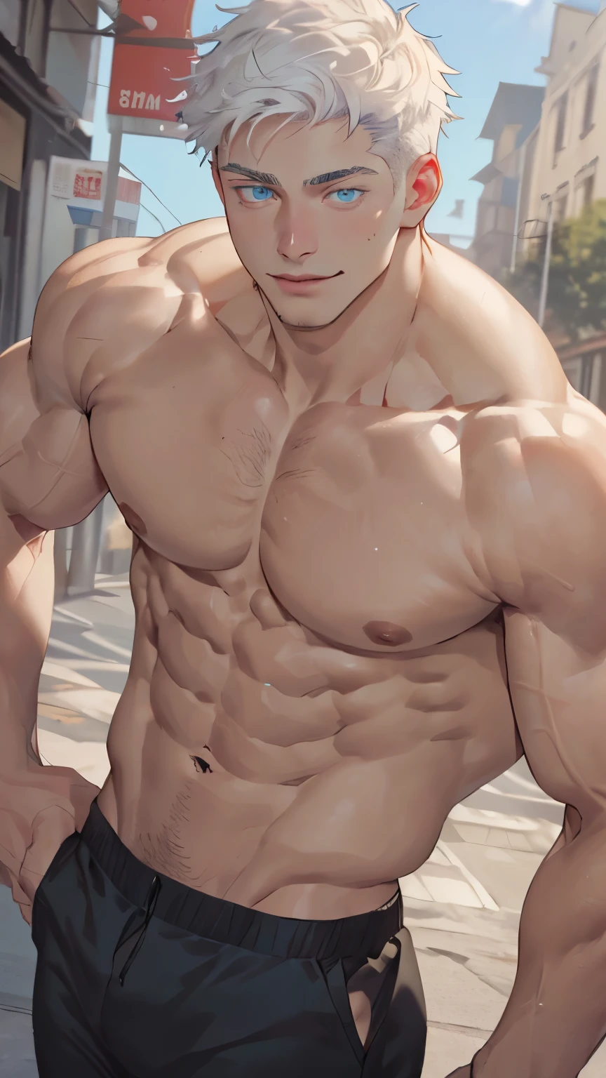 ((the best quality)), ((Masterpiece)), (details), perfect face, high definition, Masterpiece,4k,details clearly, Handsome face, white skin, perfect body, male body, strong muscles, abdomen, blue eyes, white skin, The most handsome man in the world, handsome, The coolest face, Male characters, close image (1man, shirtless), young man, mischievous smile, Extremely muscular tall man, open your eyes ((detailed eyes)), huge, muscular body and Massive, bulging pecs, muscular abs, narrow waist, short hair, blue eyes, delicate big eyes, carefree expression, clear face, handsome (detailed face, perfect face) ((extremely realistic shadows, bodybuilding posture, human, ((22-year-old young man)), V shape, athletic pants, athletic, Shirtless, Sunlight, Street, lower pants, topless, close up look, CG sense, Textured skin, the best quality, Storytelling images, lower your pants, show Panty line, Show your abs, show arm muscle, white hair, shining blue eyes, eyes contact