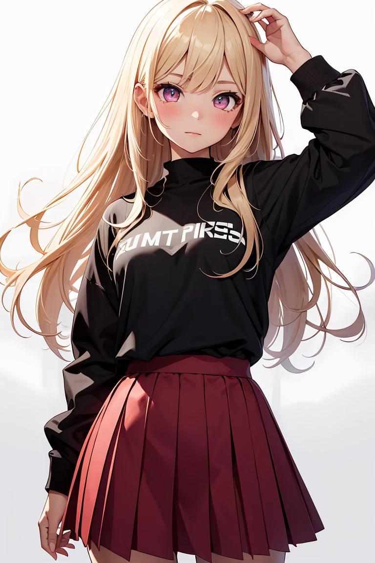 ((1 girl)), Have a smartphone, Selfie, Latest Trends in Clothing, (hairpin in bangs), younger sister, Pleated skirt, rucksack, Bright expression,background_School Area, Surprised face, かわいいyounger sister, Cowboy Shot,((Very detailed,highest quality, High resolution, 8k wallpaper, Beautiful clothes,)),((Blonde, Long Hair,Straight hair)), blush , (Crimson Eyes),eye shadow, eyeliner,Glow Eye, Very detailedな目, Beautiful Eyes, 14-year-old girl, Accurate anatomy