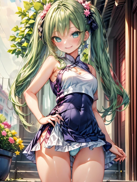 (((小さなgirl)))、The arrival of spring、Thick thighs、 (alone:1.5,)Very detailed,Bright colors, Very beautiful detailed anime faces and eyes, Look straight ahead, ;d, Shiny_skin,girl, ((Silver long hair,The inner color is red 、Forehead is exposed.、Green Eyes、Glasses、Shiny hair, Delicate beautiful face, blush、(Turquoise Eyes), White skin, Valletta, Earrings,、blue flower field、(((Star pattern pink、Long China Clothing、Purple Bloomer)))、Twin tails、smile、smile、Face dyed red