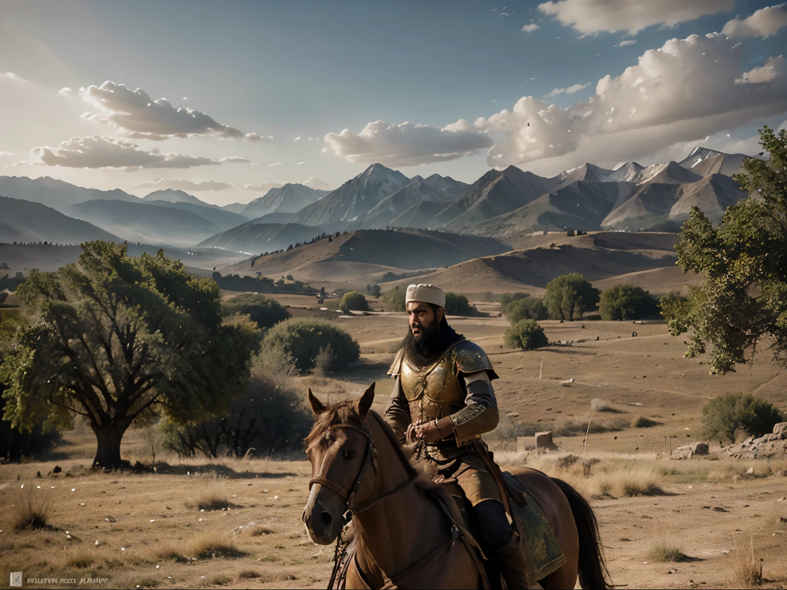 (Ancient Iran Army, Lorestan painting and Bronz:1.4 Realistic historical Epic battles:1.1), rugged terrain, shining armor, horses galloping, good details, dust and smoke, intense action, bloodshed, bravery, war cries, unforgiving battleground:1.1, war-torn landscape, strategic formations, Iranian warriors, shining sun, dramatic skies, war banners fluttering, Derafsh Kaviani, blurred motion, dynamic composition, vivid colors, contrast lighting, golden hues, heroic atmosphere, great details, Arm, in the distance you can see many frozen mountains, Alps Mountains, old Oak forest, (holy oak tree in the edge of landscap: 1.4), thick trunk, A crack in the trunk extremely details of face, good face,