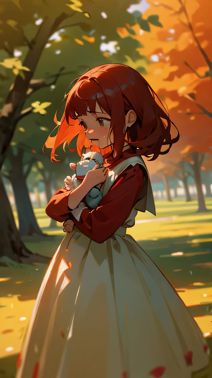 generate oil painting of a young girl wearing red and white dress who is crying in a park because she has lost her favorite doll.