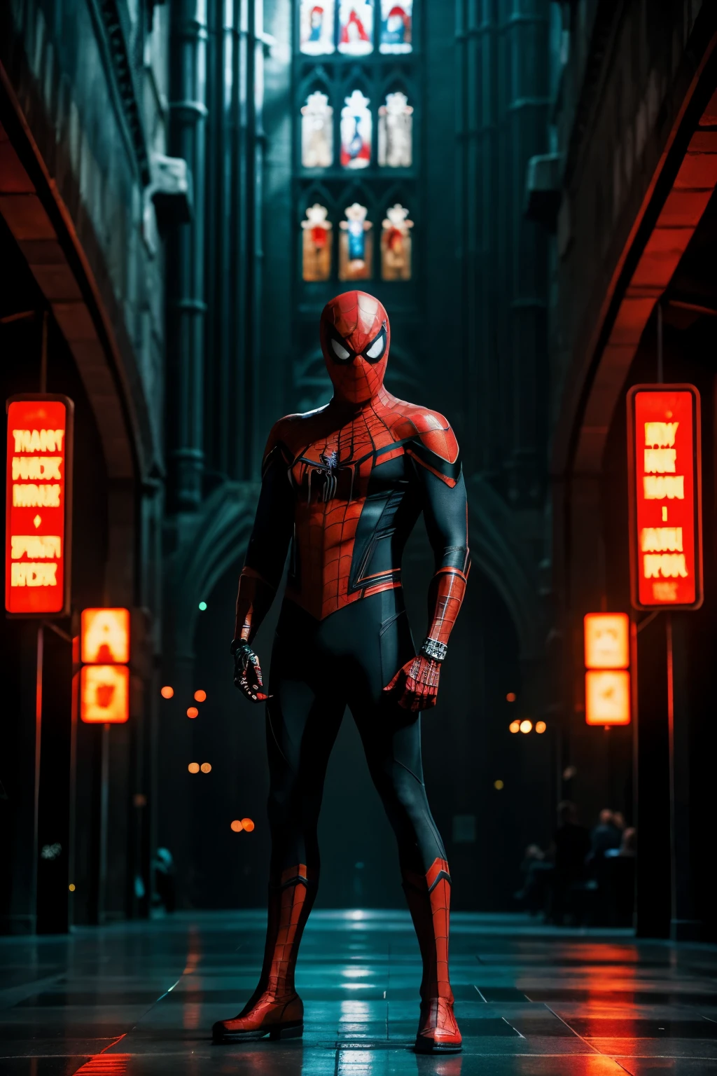 gloomy portrait of Bloody Spider-Man from Marvel with intricate angular cybernetic implants inside a brutalist building, gothic brutalist cathedral, cyberpunk, award-winning photo, bokeh, neon lights, cybernetic limb, full body,