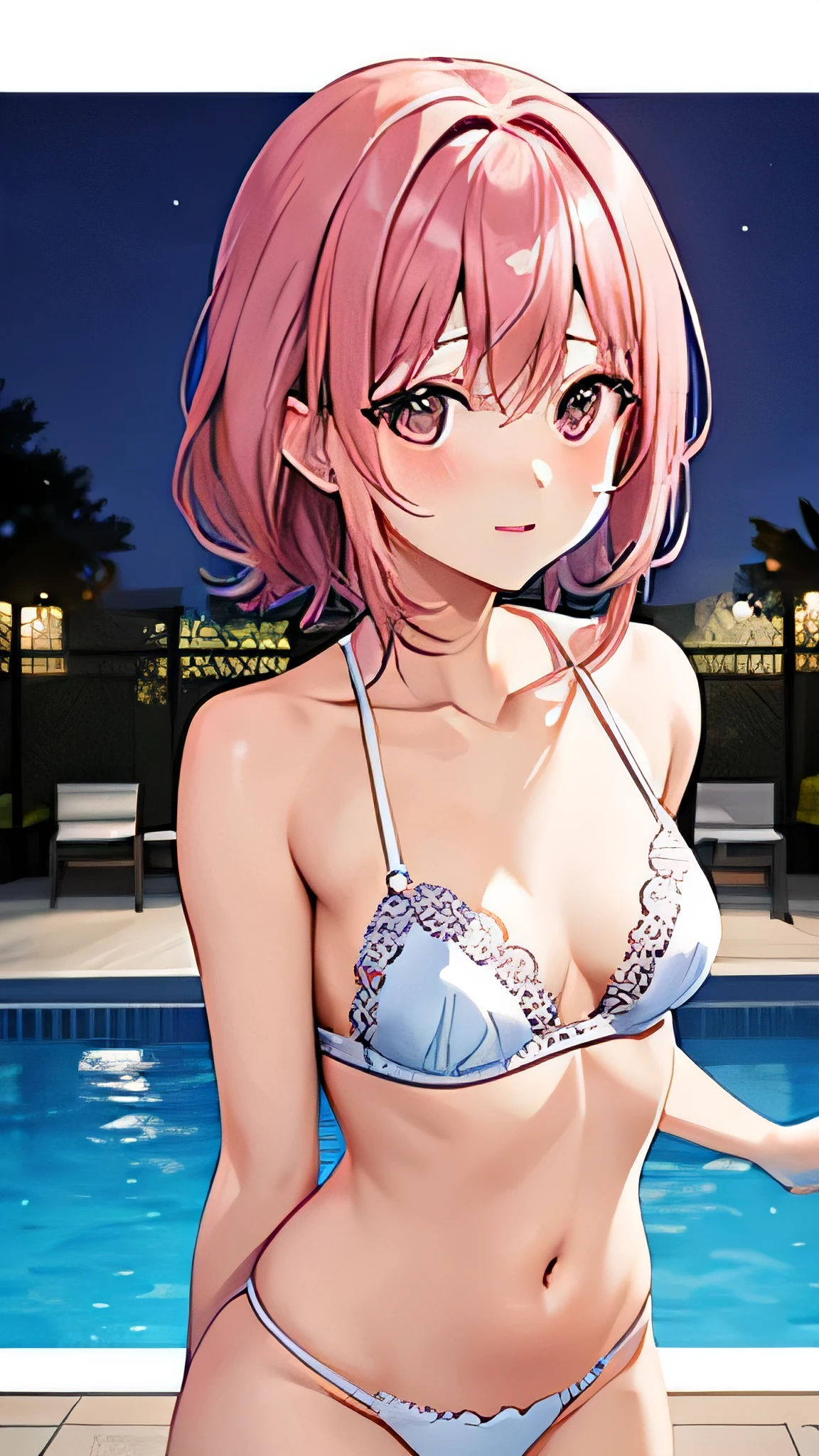 anime、Pink Hair、Small breasts、White bra、Night Pool、one person、Are standing