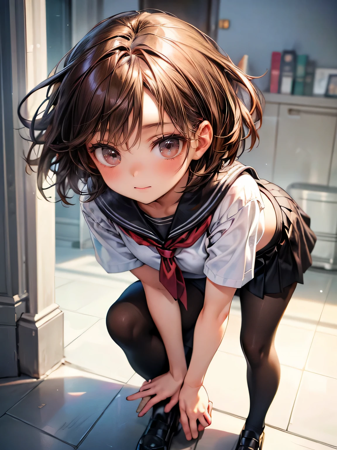 ((masterpiece:1.2, best quality, highres, Pixel Perfect, 8k, ))), cute girl,full body visible, ((medium wave hair, through angs, brown hair)), ((brown-eyed, beautiful eyelashes, realistic eyes)), ((delicate face, blushed)), ((smooth texture:0.75, lifelike texture:0.65, photorealistic:1.37,)), dynamic angle, the perfect body, ((sailor tops, red tie, black skirt, ,black tights)), stairs at school,looking up from the bottom of the stairs, Very awkward panic smile, Turned,bending forward:1.5