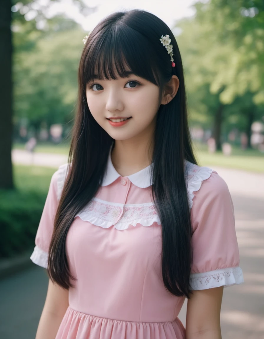 photograph close up face, small smile, (adolescence girl), (petite), (pink detailed frilly feminine clothes), beautiful long straight hair, blunt bangs, black hair, park, 50mm . cinematic 4k epic detailed 4k epic detailed photograph shot on kodak detailed cinematic hbo dark moody, 35mm photo, grainy, vignette, vintage, Kodachrome, Lomography, stained, highly detailed, found footage