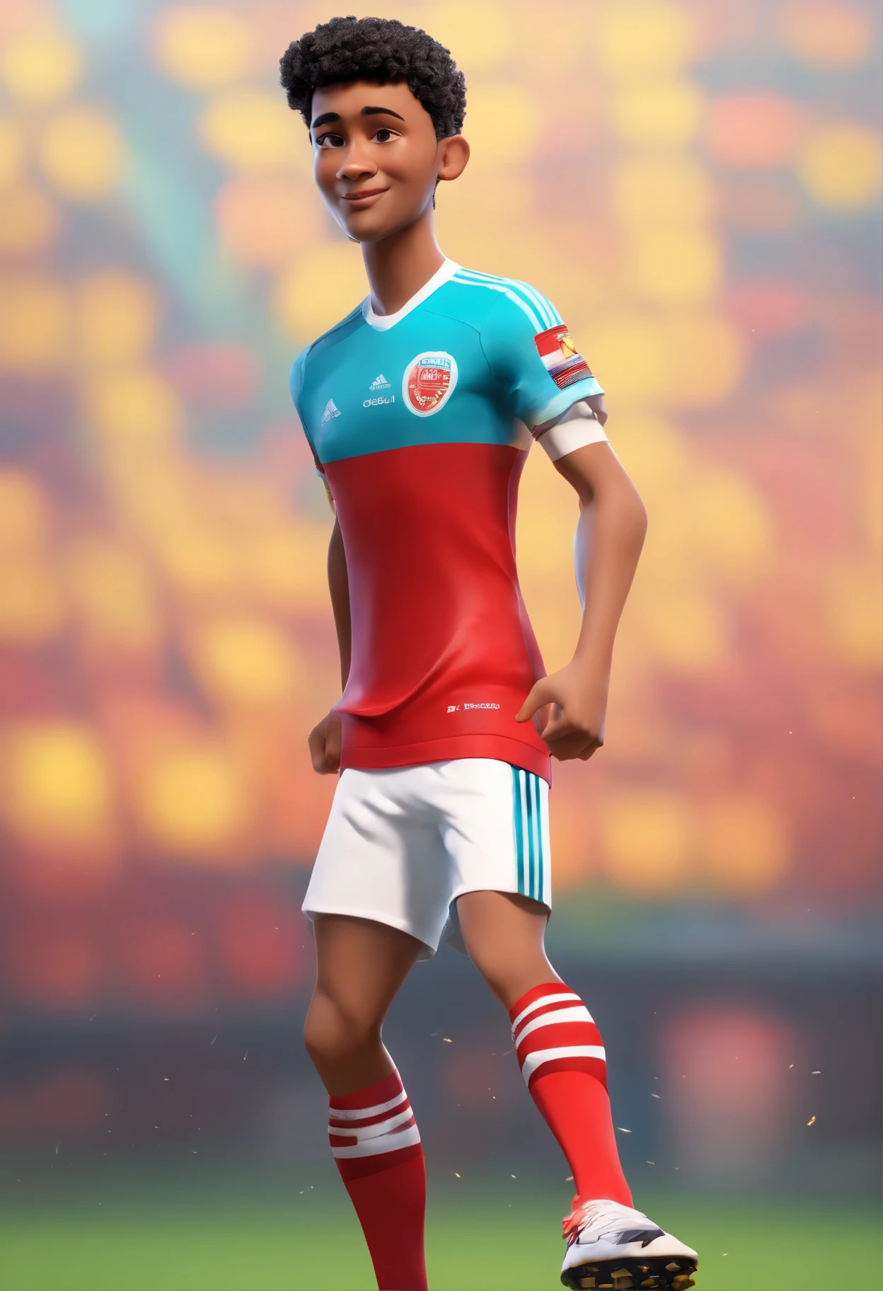 full body realistic 4D caricature. Indonesian youth aged 21 years, short curly hair, clean oval face. dark skin details. Wearing details of the red Indonesian national team football jersey with the number 7, white pants with the same number, black adidas predator football boot details. stand up with your arms folded on your chest. red and white gradation background. cinematic light. Intricate details. vivid colors. Ultra HD