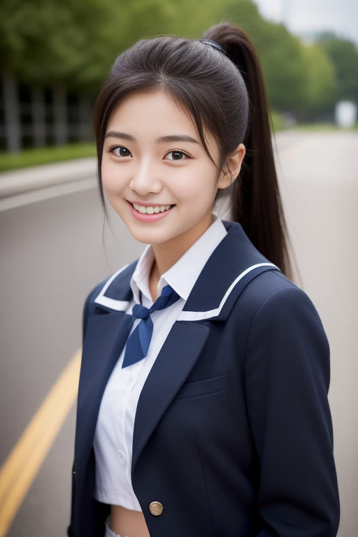 (masterpiece、16k image、high resolution、highest quality)、solo、One Girl、(Japanese Girls&#39; High School Sailor Uniform,perfection)、(Japanese Girls&#39; High School Blazer,perfection)、skirt、(perfectionな解剖学,Beautiful body、Healthy Body、Beautiful Skin)、sunny day、Black-haired、Short-haired、Long-haired、ponytail、black eye、On the way home、、Flat Chest、18-year-old、School zone、Artistic.、Beautiful woman、Beauty Body、smile、((Full body portrait))、