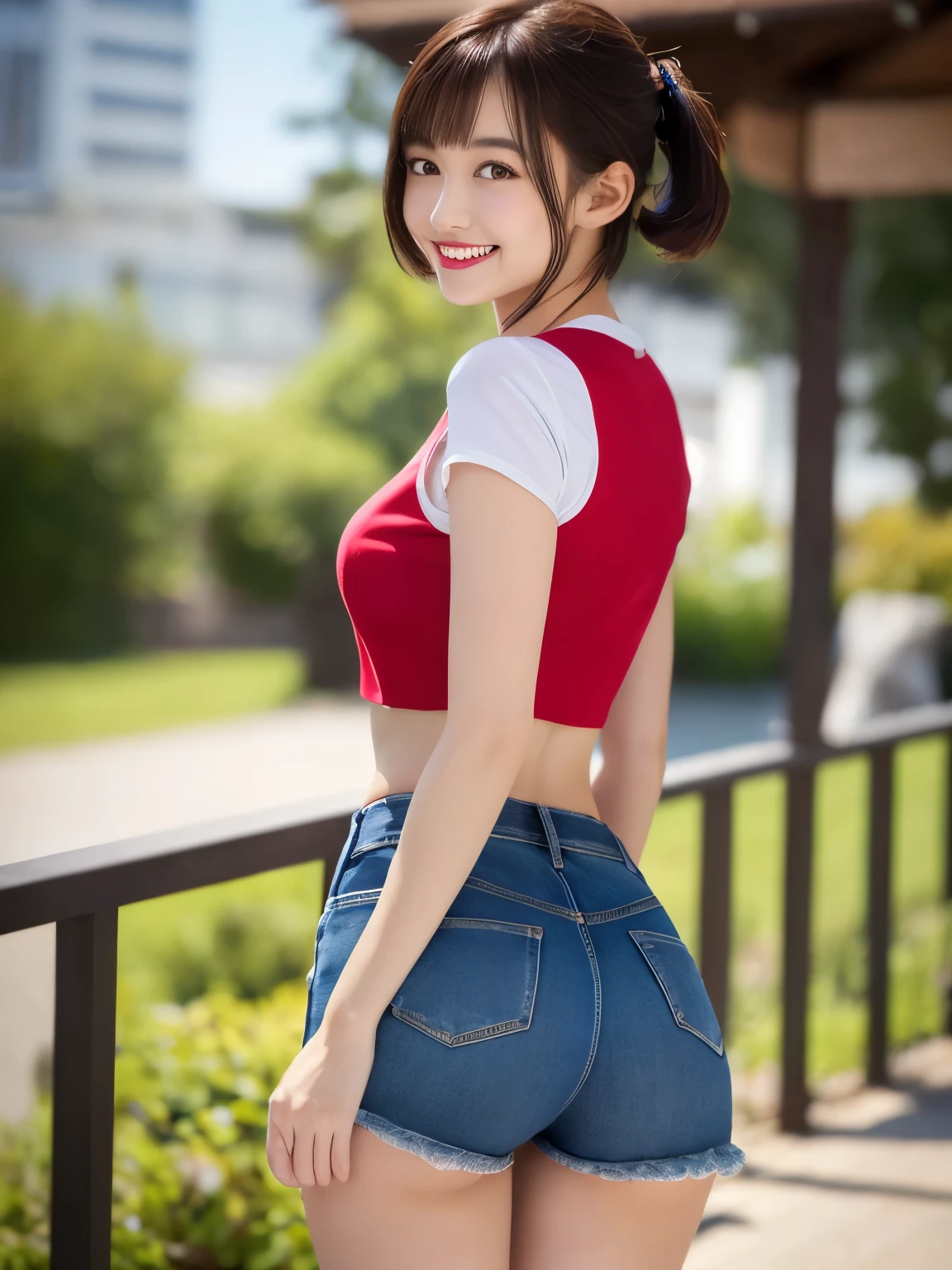(sfw:1.5)、(((1 female)))、masterpiece, RAW Photos, highest quality, reality、Depth of written boundary, Lens flare, (Low cut and tight )、(ultra short distance,Denim hot pants)),((Telegraph slang)),((Long legs)), (Thigh Gap:1.5),Small waist、(Wide Hips),(Big Ass),pretty girl, Idol,(Big smile:1.3),Small waist、(Big Ass:1.6),(White crop top:1.5)、Brightly colored vest, short hair, Redhead, reality的, photo shoot,(Exquisite detail), Very detailed, High resolution, original, highest quality, Detailed face, (Very beautiful face, Beautiful Lips, Beautiful big eyes、Droopy eyes), A face with intricate details, (Plump red lips),(Thigh Gap:1.5),Small waist、(Wide Hips) 、short hair, Black Hair、Twin tails,Open chest, Turn around, (((Buckshot)))