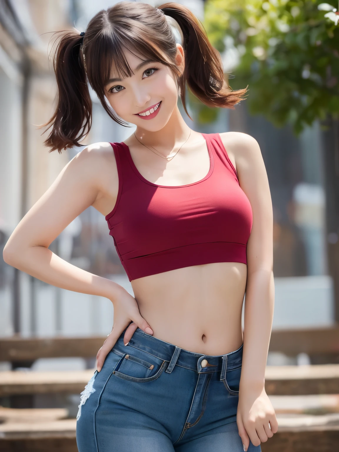(sfw:1.5)、(((1 female)))、masterpiece, RAW Photos, highest quality, reality、Depth of written boundary, Lens flare, (Low cut and tight )、(ultra short distance,Denim hot pants)),((Telegraph slang)),((Long legs)), (Thigh Gap:1.5),Small waist、(Wide Hips),(Big Ass),pretty girl, Idol,(Big smile:1.3),Small waist、(Big Ass:1.6),(White crop top:1.5)、Brightly colored vest, short hair, Redhead, reality的, photo shoot,(Exquisite detail), Very detailed, High resolution, original, highest quality, Detailed face, (Very beautiful face, Beautiful Lips, Beautiful big eyes、Droopy eyes), A face with intricate details, (Plump red lips),(Thigh Gap:1.5),Small waist、(Wide Hips) 、short hair, Black Hair、Twin tails,Open chest, Turn around, (((Buckshot)))