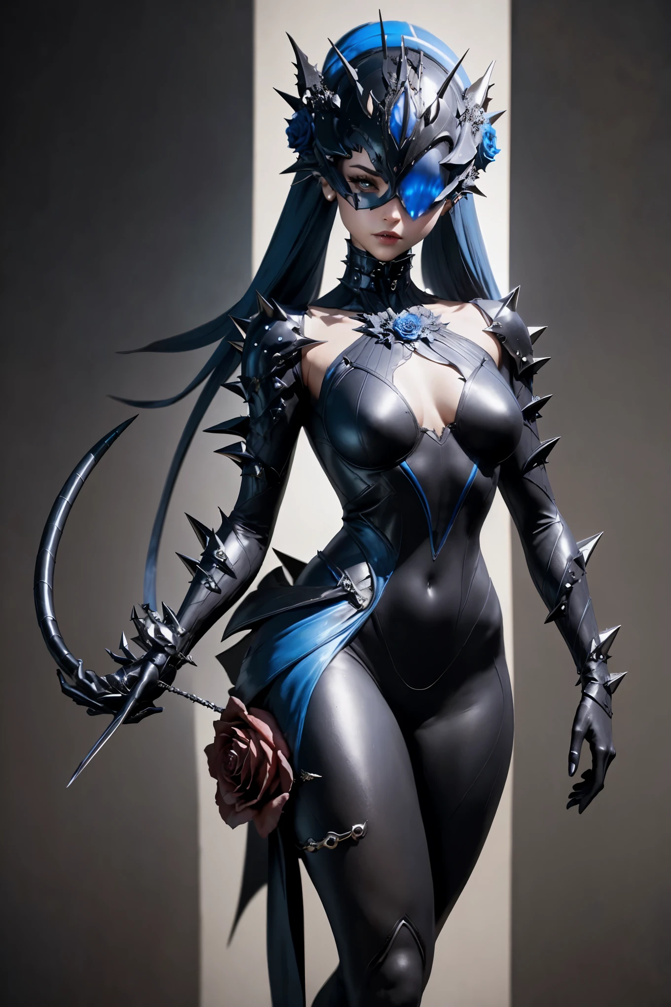 Beautiful girl fused with a Rose. (High quality) (black and Blue image color). body suit. Queen dress. cyber style. spike whip. spike accessory. Biological Armor. Biological helmet. eye mask.