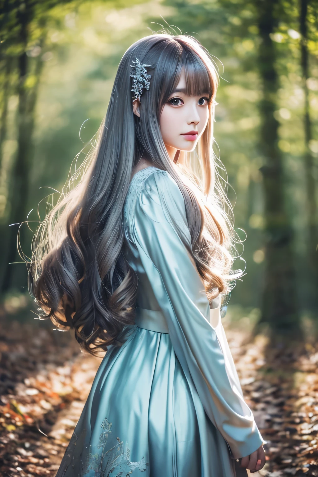 (best quality,highres,masterpiece:1.2),ultra-detailed,anime style,beautiful detailed silver long-haired girl,standing in a dreamy world with a beautiful forest