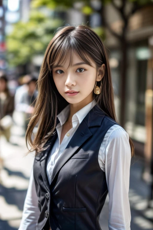 (Best Quality:1.4), (8K), 32K, (UHD), (Masterpiece:1.3), Photo of Japanese pretty woman, (Photorealistic), (Raw Photography), (girl), (Ultra High Details), (Detailed face), perfect face, (Detailed hair), Beautiful hair, bangs, Layer Cut, (symmetrical eyes:1.3), (Detailed eyes), (Detailed skin), Realistic skin, Ultra high definition, (medium breasts), (slim figure), (super model figure), 

(wearing a Clerks' uniforms, waistcoat), earrings, necklace, (on a tree-lined street in the Marunouchi office district., backlight in the hair)