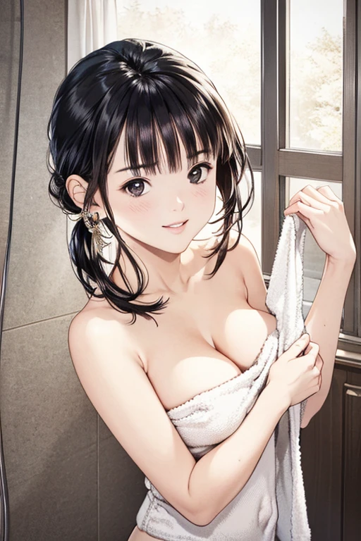 (8k、Photorealistic,Raw photo,highest quality: 1.3),（real skin）,Beautiful expression,High Detail,超A high resolution,,((1girl,chignon hair,black hair,black eyes:1.5,makeup),take shower,in bathroom,(towel over naked),((midnight)),sexial attractive,(,seductive smile:1.0,drunk:1.5,fun,university student,upper body shot,
