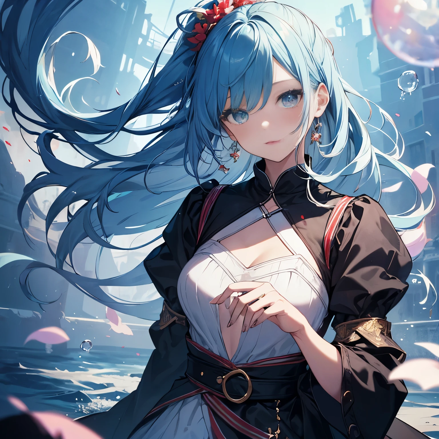 (masterpiece), (highest quality), (Super detailed),(Disheveled Hair),(figure), (One girl), (Fashionable clothes), Are standing, Fashion Model, View your viewers, (interview), (Simple Background),Beautiful fine details, Delicate and beautiful face, floating,(High saturation),(Colorful splashes),Colorful bubbles,(The Shining), Focus on the face, ponytail, kamisato ayaka, Light blue hair, bangs, Hair Ring, Floating Flowers, Floating hair, (The Shining), Best lighting, Best Shadow,