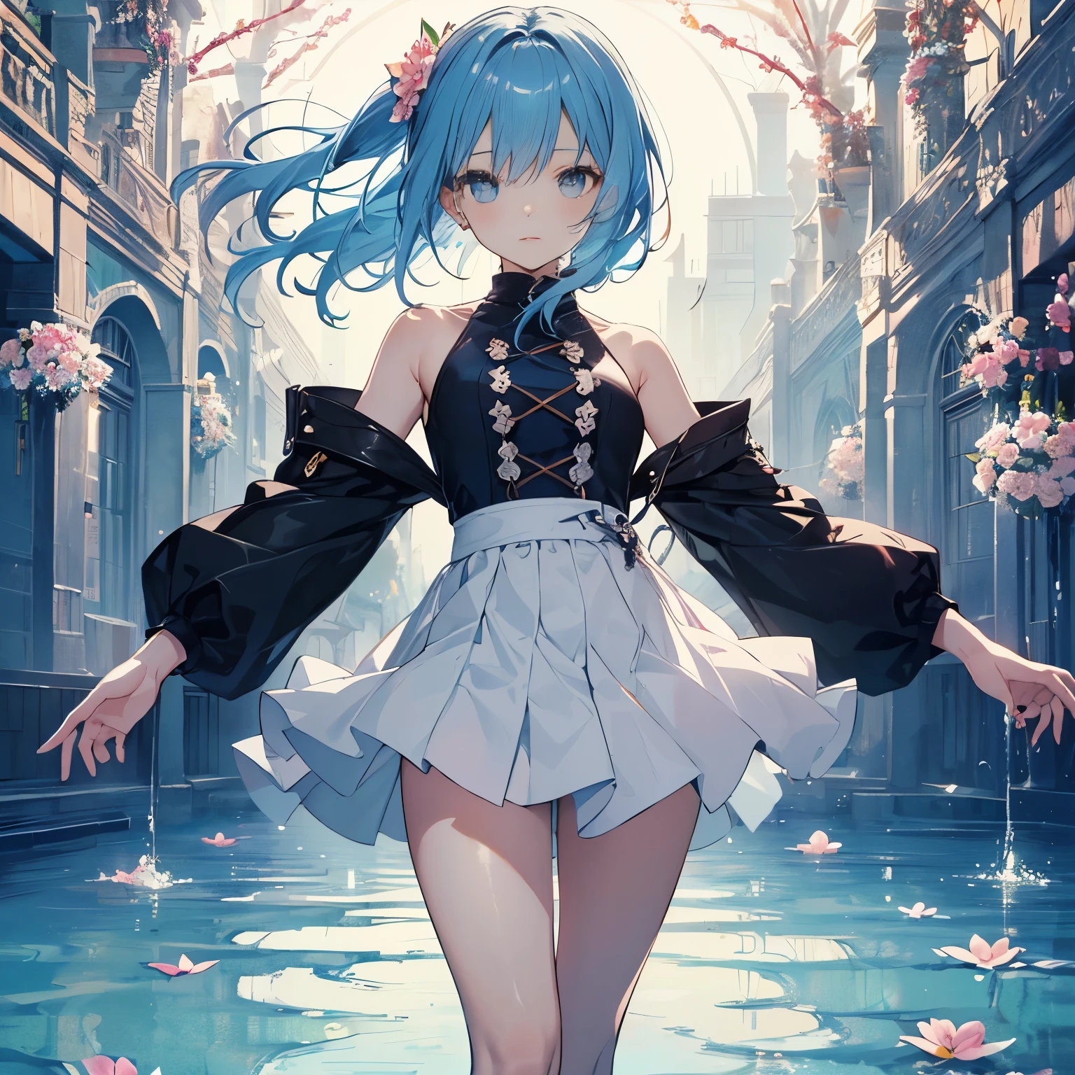 (masterpiece), (highest quality), (Super detailed),(Disheveled Hair),(figure), (One girl), (Fashionable clothes), Are standing, Fashion Model, View your viewers, (interview), (Simple Background),Beautiful fine details, Delicate and beautiful face, floating,(High saturation),(Colorful splashes),Colorful bubbles,(The Shining), Focus on the face, ponytail, kamisato ayaka, Light blue hair, bangs, Hair Ring, Floating Flowers, Floating hair, (The Shining), Best lighting, Best Shadow,