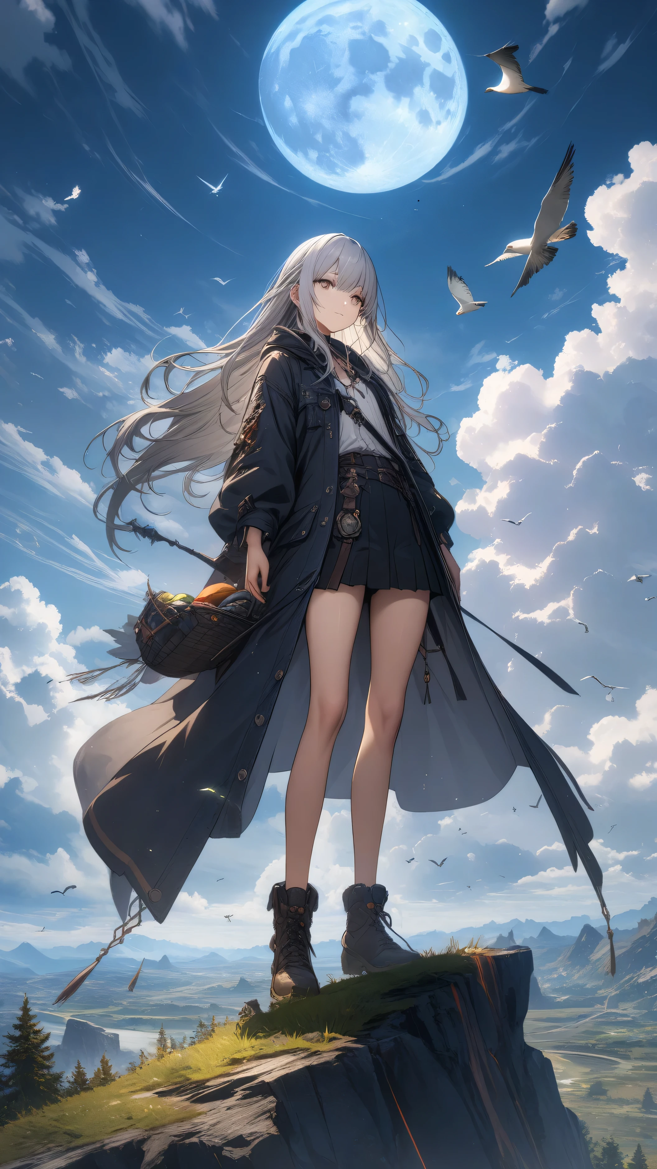 32k, best quality, ultra high res, HDR, UHD, extremely detailed CG, unity 32k wallpaper, highest quality, Very detailed, masterpiece, Super detailed, cloud, witch_Have, Have, 1 Girl, null, green_null,Day, length_hair, cloudy_null, moon,bird, alone, Silver_hair, witch, Outdoor,  