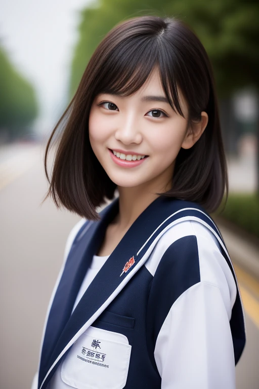 (masterpiece、16k image、high resolution、highest quality)、solo、One Girl、(Japanese Girls' High School Sailor Uniform,perfection)、(Japanese Girls' High School Blazer,perfection)、skirt、(perfectionな解剖学,Beautiful body、Healthy Body、Beautiful Skin)、sunny day、Black-haired、Short-haired、Long-haired、ponytail、black eye、On the way home、、Flat Chest、18-year-old、School zone、Artistic.、Beautiful woman、Beauty Body、smile、((Full body portrait))、