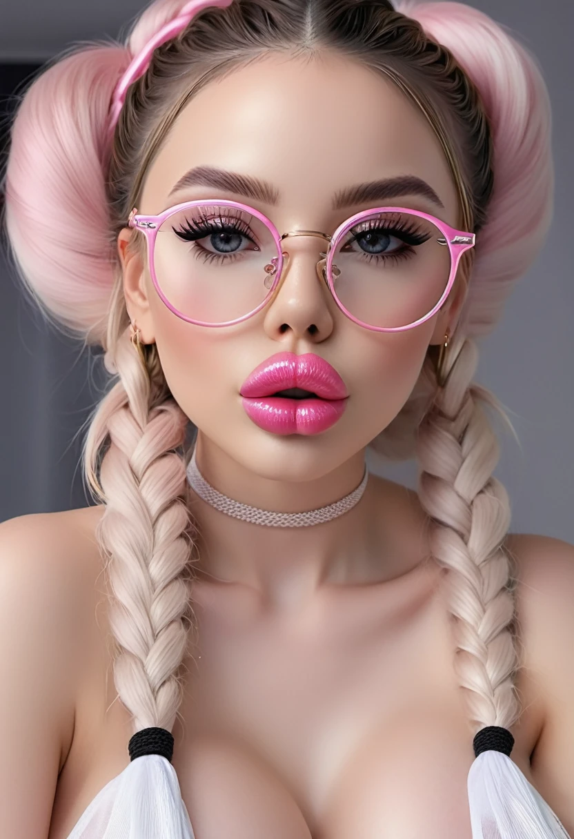 (masterpiece, best quality: 1.2),twin braids，Delicateeyes,Sexy eyes,Glasses，Head close-up，The expression of a kiss，Glossy pink and white sexy lips，Pouting ，earrings，Perfect natural breasts，8k